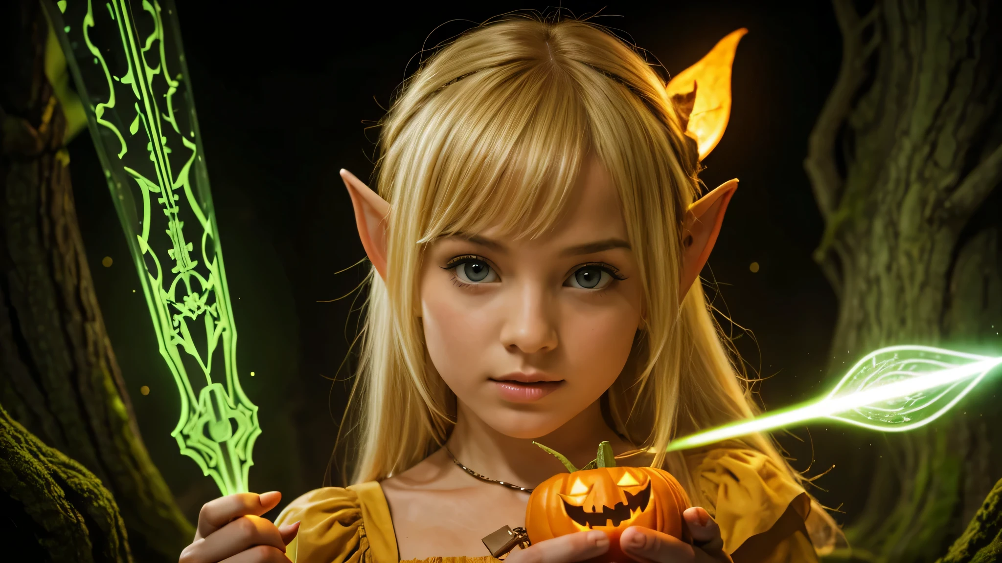 Cute portrait of a blonde elf child holding a jack-o'-lanterna verde, LASER VERDE.