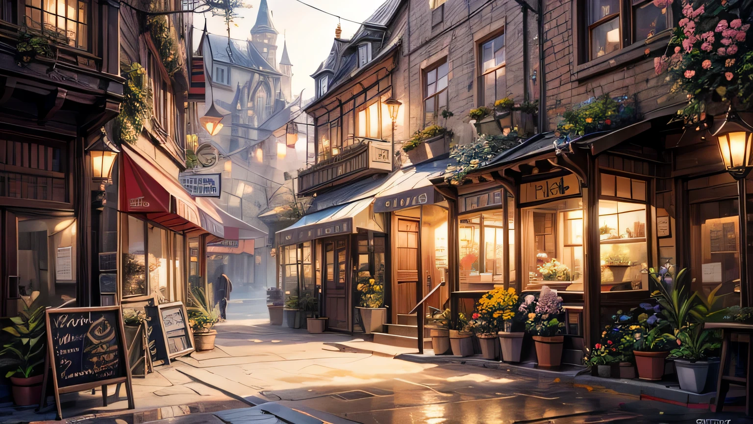 There is a street，There are many flowers and plants on it, Unreal Engine ; romantic theme, cozy cafe background, city street light, Pleasant and comfortable atmosphere, gorgeous atmosphere, flower shop scene, magical atmosphere, dreamy atmosphere, beautiful atmosphere, realistic street scene, Beautiful fairy tale rendering, Beautiful digital artwork, beautiful atmosphere, beautiful atmosphere, Bustling magic town