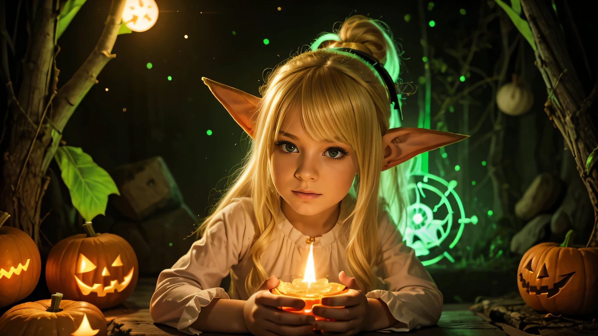 Cute portrait of a blonde elf child holding a jack-o&#39;-lanterna verde, LASER VERDE.