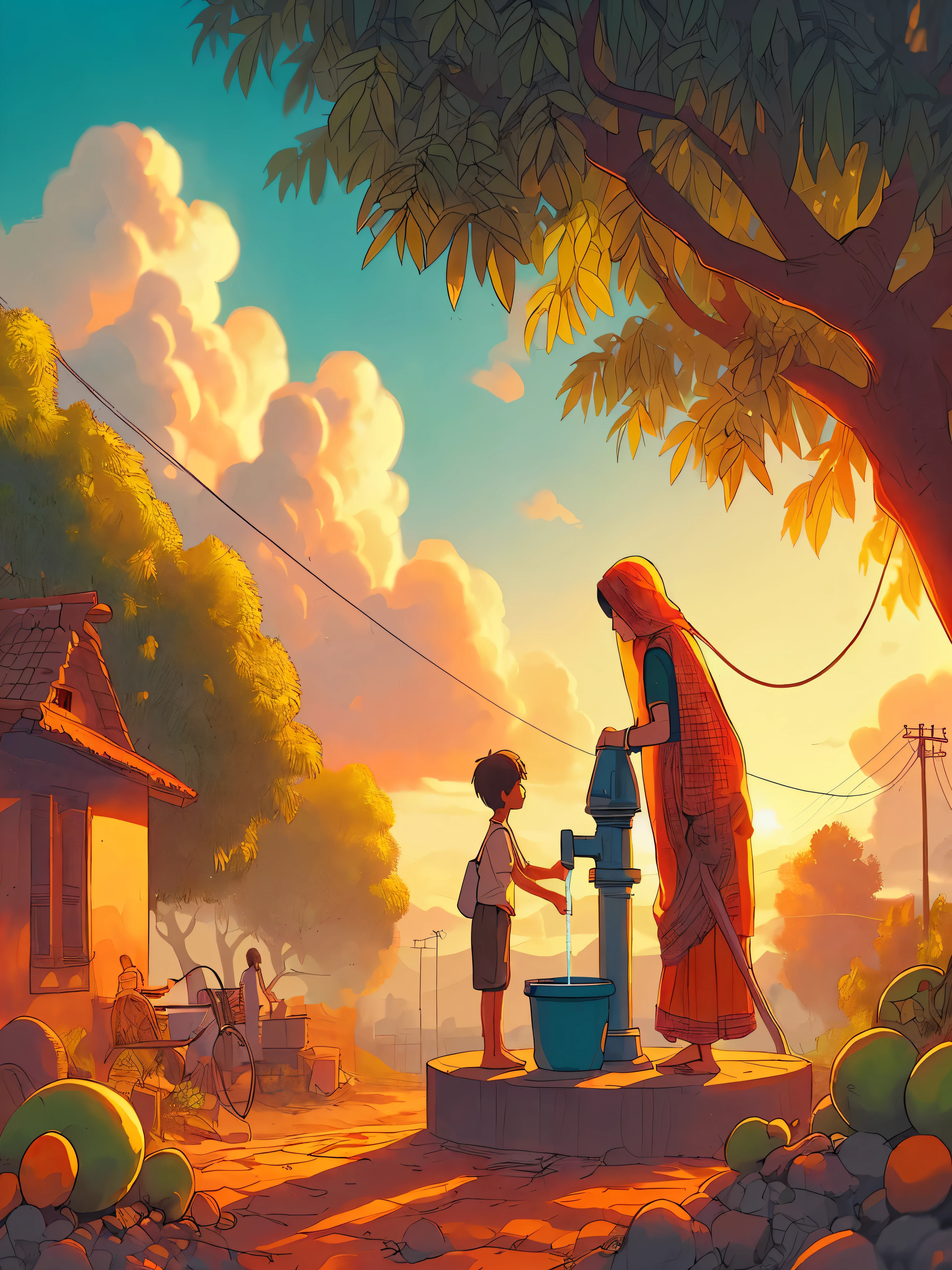 Draw an anime simple aerial art scene of mother and son filling water from hand pump in indian village, mango tree, shade, clouds, vibrant sky, beautiful color palette, vibrant saturated colors, no human