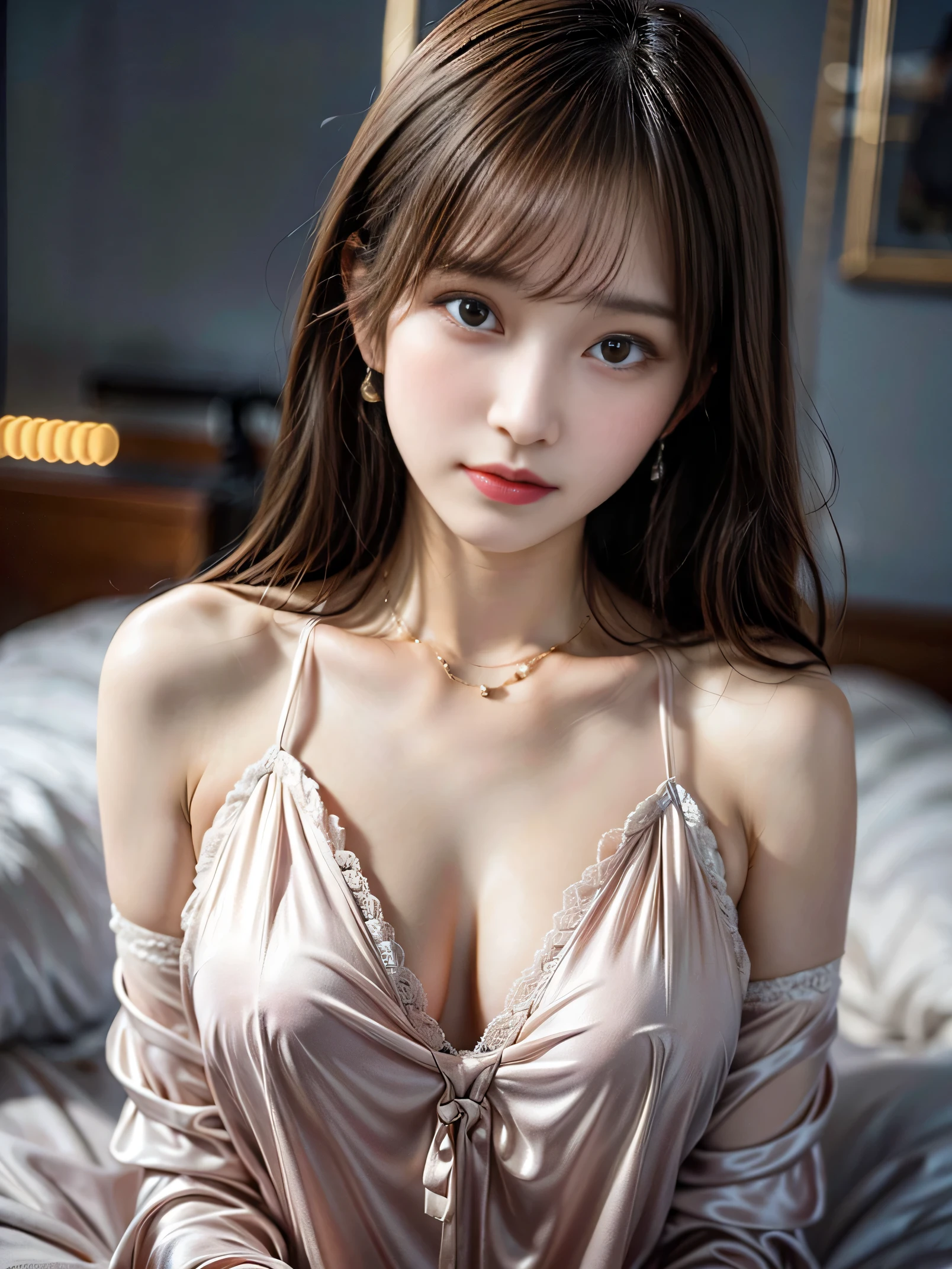 1 girl,21 years old, sitting on bed,Bright backLight, alone, {Beautiful eyes details 1.3) , Highly detailed facial and skin textures, Natural and soft Light, dark brown hair,natural drape, Exquisite facial features, blunt bangs, beautiful korean girl, Eyes full of love, (She wears exquisite suspender pajamas:1.3), E杯, necklace,film grain,sexy pose,masterpiece, best quality, Light, super detailed,, ultra high resolution, 8k wallpaper, Perfect dynamic composition, Exquisite facial features,It's a perfect face,Facing the peak of sexual arousal, looking at the audience, with smile,hair natural,Fragrant shoulders,clavicle,Ultimate Light and shadow,Wear delicate earrings,have,(Skin texture is extremely delicate1.1), (perfect details: 1.1),Looks a lot like actor Junning Zhang