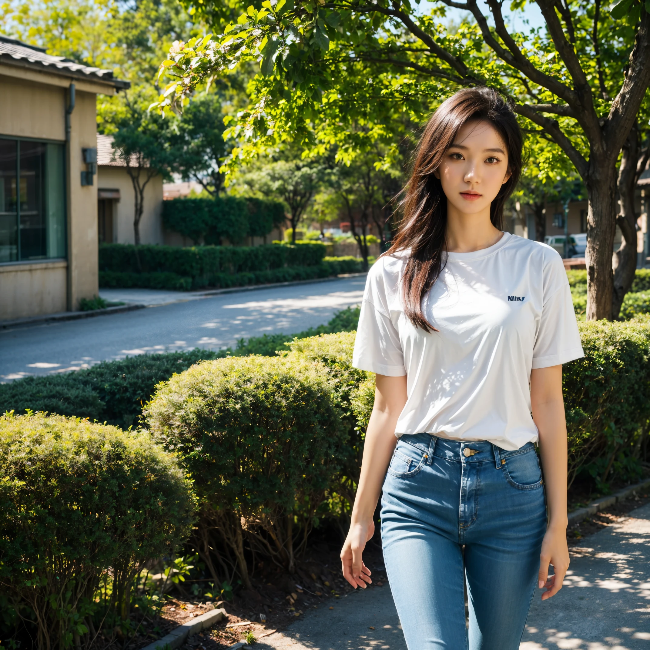 1 girl, (best quality, masterpiece, official art, professional, unified 8k wallpaper:1.3), Miss, full_Body, alone, blonde hair, Emotional face, skinny jeans, t-shirt, walk, looking at the audience, bushing, Tree_shadow, forest, Grass, flower, house, (water), lake, Mountain, lens_flare, Light_Rays, path, 松Tree_Tree road, cloudy_Sky, outdoor, nature, landscape, 阳Light, sunLight, Sunset, (actual, photoactual, original photo:1.4), (Beautiful and beautiful, Very detailed, human development report, ultra high definition), (Nikon AF-S 105mm f/1.4E ED), bright colors, Chinese Arts