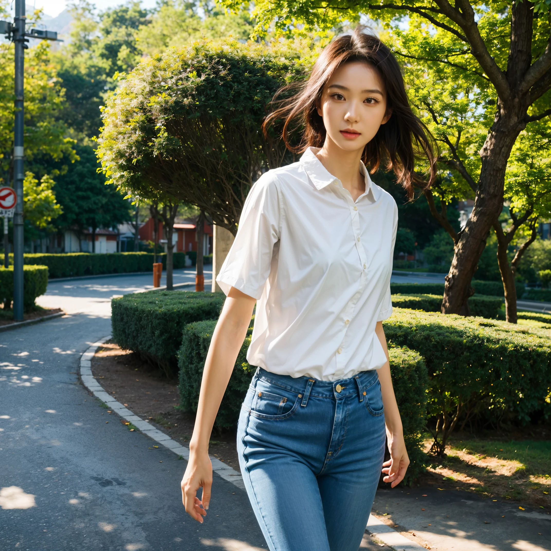 1 girl, (best quality, masterpiece, official art, professional, unified 8k wallpaper:1.3), Miss, full_Body, alone, blonde hair, Emotional face, skinny jeans, t-shirt, walk, looking at the audience, bushing, Tree_shadow, forest, Grass, flower, house, (water), lake, Mountain, lens_flare, Light_Rays, path, 松Tree_Tree road, cloudy_Sky, outdoor, nature, landscape, 阳Light, sunLight, Sunset, (actual, photoactual, original photo:1.4), (Beautiful and beautiful, Very detailed, human development report, ultra high definition), (Nikon AF-S 105mm f/1.4E ED), bright colors, Chinese Arts