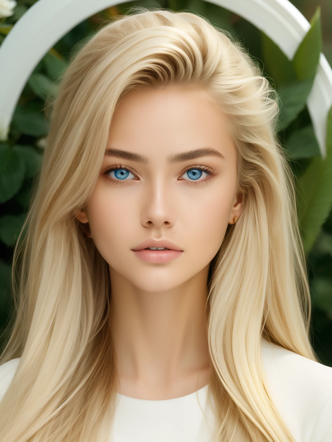 masterpiece, highest quality, (alone focus), (perfect face:1.1), (high detail:1.1), (highly detailed eyes), dramatic, 1 girl, (white skin), long white hair, Mystical eyes, (thin eyebrows), alone, long hair, , moon, noon, white luxury suit, plump lips, fur, Proud Expression,garden, detailed background, Art by Artgerm, cinematic lighting, Rose, fashion, balenciaga style