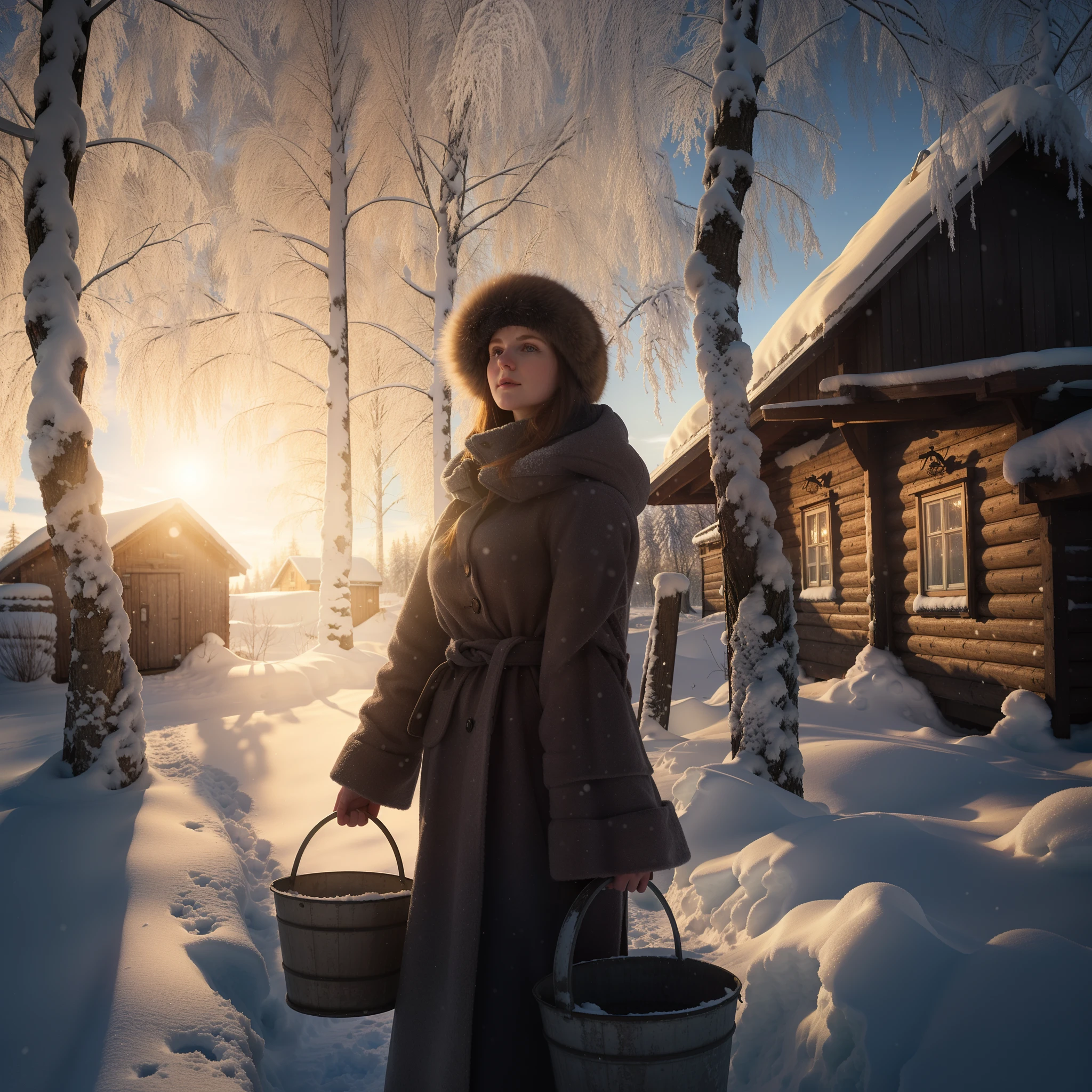 a woman in a winter coat carries buckets in a snowy area with a hut in the background, based on Ivan Kramskoy, Photo by Alexei Gurilev:, kramskoi 4 k, traditional russia, by Mikhail Evstafiev, Winter environment, inspired by Konstantin Vasilyev, based on Andrey Ryabushkin, Russian village, A sunny winter day