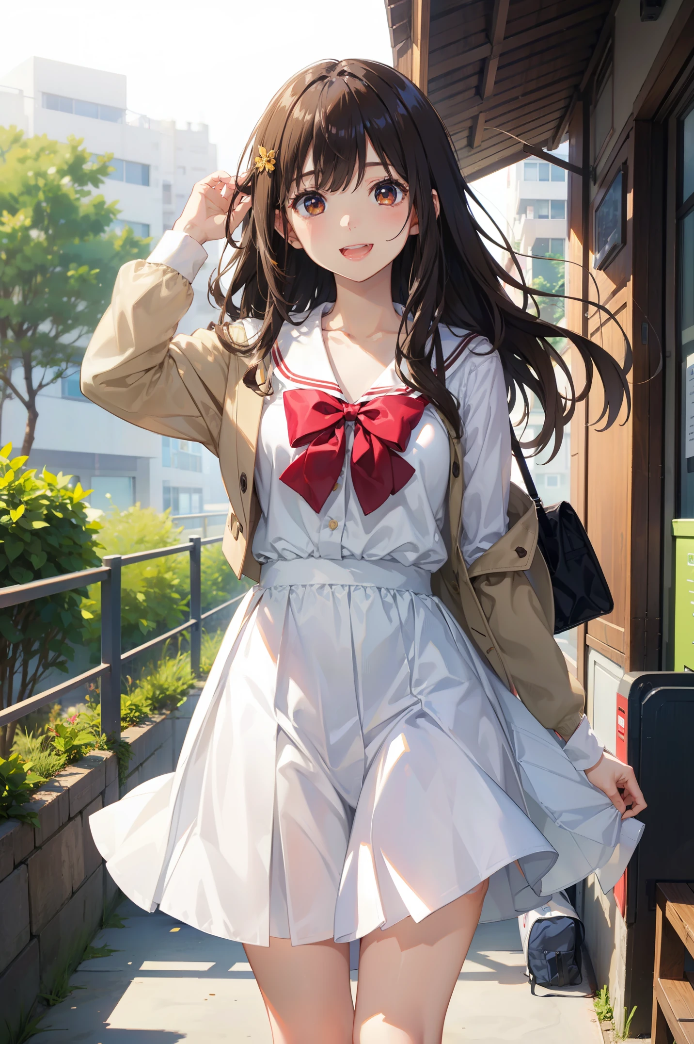 beautiful girl,brown eyes、light brown hair,long haired person、hair blowing in the wind、Big eyes,Slender,manga style,full color,high school girl,、lightly dressed、please open your eyes、Wide-eyed and smiling、open your mouth and laugh