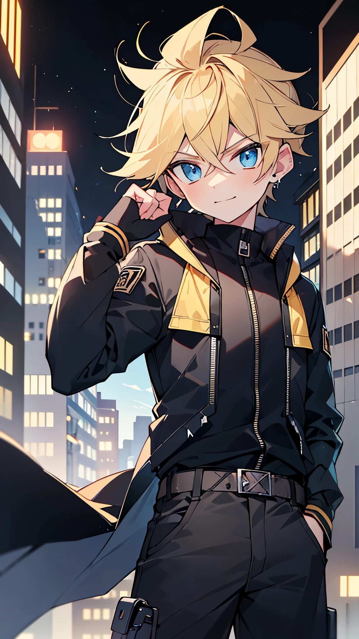 highres,wallpaper,solo,,1 boy,original,illustration,blue eyes,yellow hair,masterpiece,male,male focus,boy, ((masterpiece)),(((best quality))), (high-quality, breathtaking), (expressive eyes, perfect face), 1boy, solo, male, short,, on top of building, night sky, dark, buildings, wear short shorts, smirk,shorts:1.3,(black rubber combatant uniform:1.1,bulge,dark power:1.3,sentai,black:1.3, all black outfits:1.1,erect under pants),silky:1.1,rubber uniform 