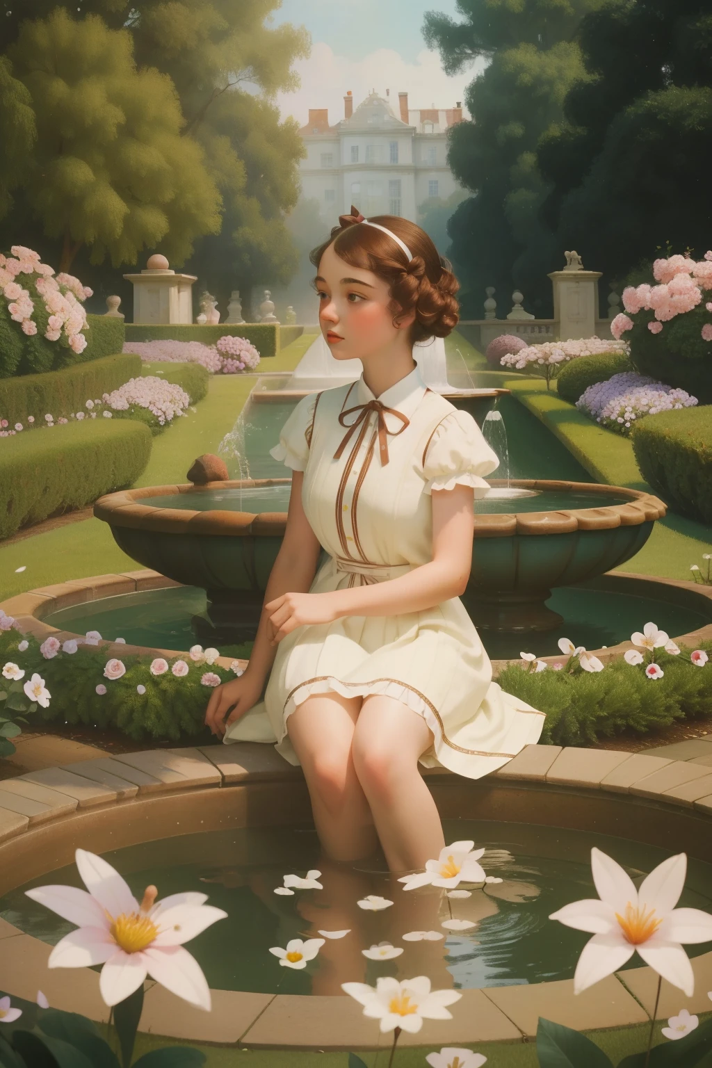 1680s Radiant Revelry at the Whispering Fountain (Location: Whispering Fountain)
Character: A radiant child, aged 9, with golden curls and a gown made of sunlight, plays by the whispering fountain during the 1680s. Wes Anderson's fountain palette captures the enchantment of the sunlit water.
