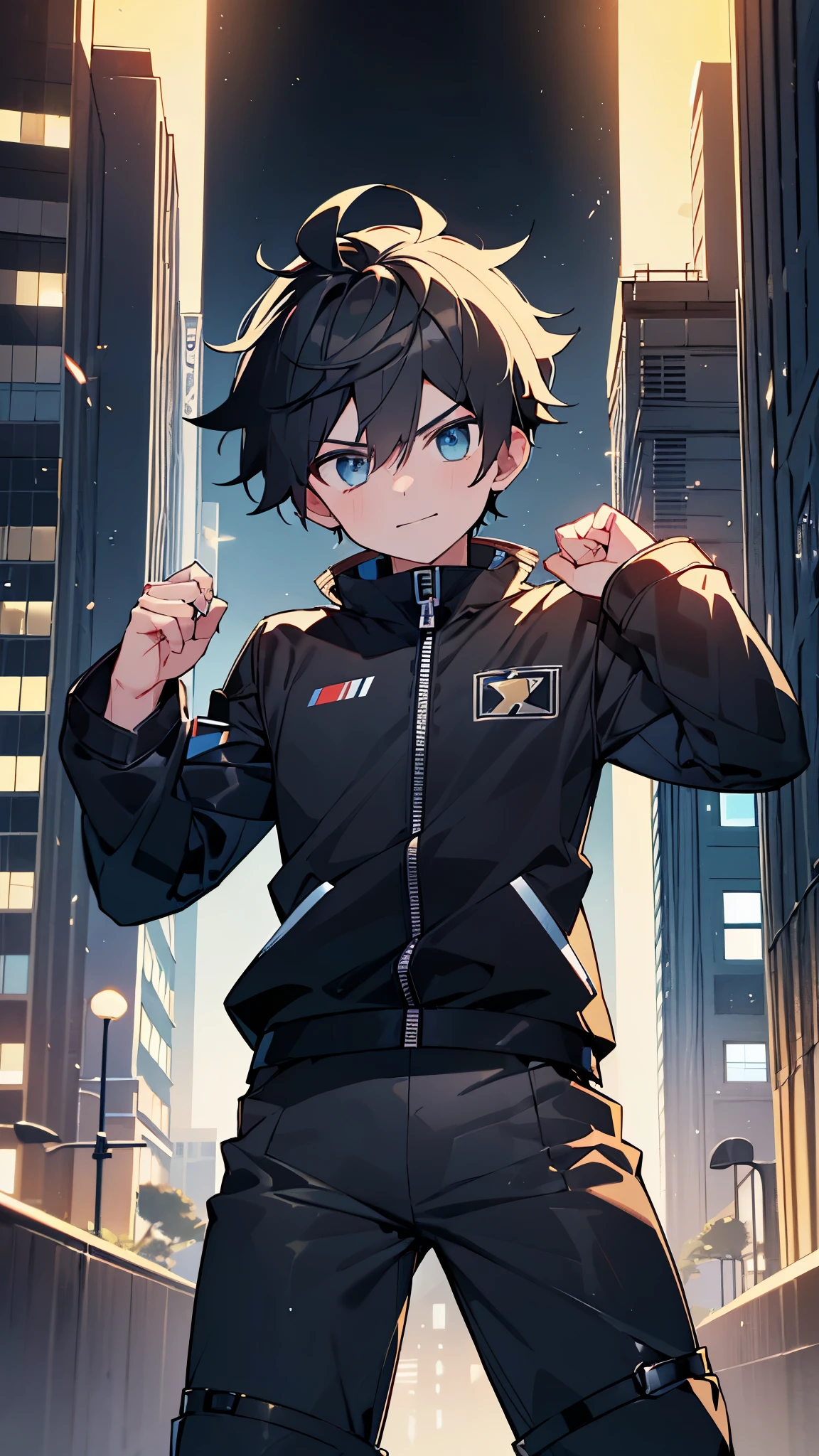 highres,wallpaper,solo,little boy,1 boy,original,illustration,blue eyes,yellow hair,masterpiece,male,male focus,boy, ((masterpiece)),(((best quality))), (high-quality, breathtaking), (expressive eyes, perfect face), 1boy, solo, male, short,, on top of building, night sky, dark, buildings, wear short shorts, smirk,shorts:1.3,(black rubber combatant uniform:1.1,bulge,black power ranger:1.3,sentai,black:1.3, all black outfits:1.1,erect under pants),silky:1.1,rubber uniform 