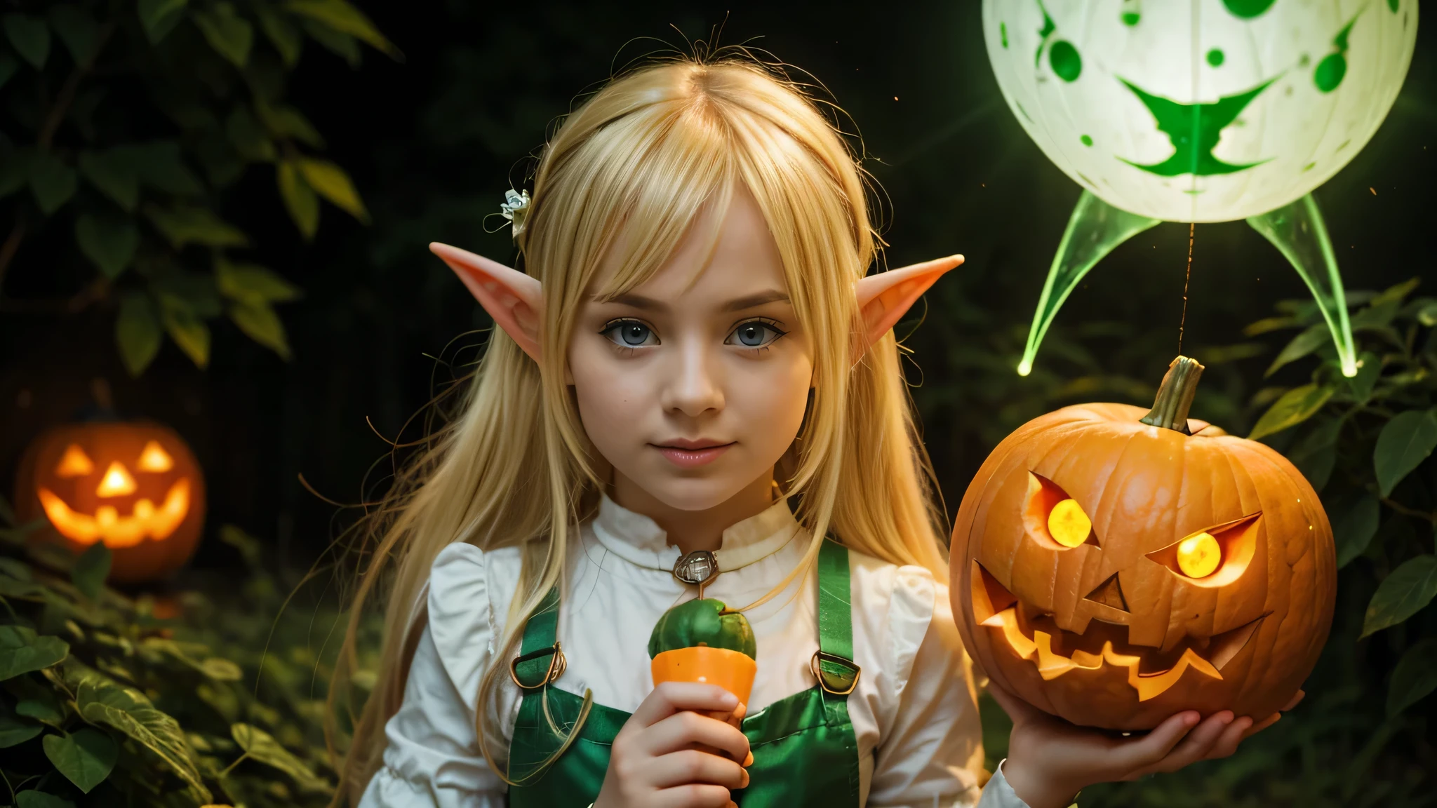 Cute portrait of a blonde elf child holding a jack-o&#39;-lanterna verde, LASER VERDE.