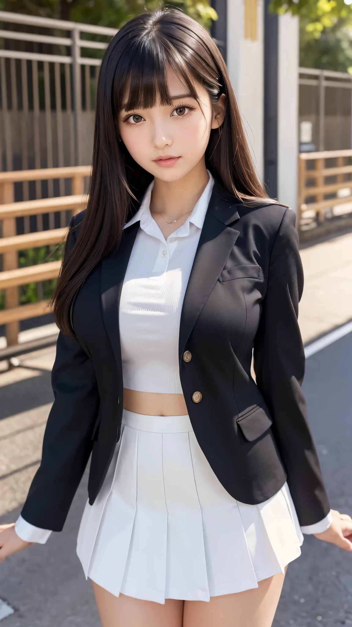 ((best quality)), ((muste piece)), (detailed breasts), (highlight), perfect face、Young girl highlighting large breasts with detailed face、Long, thick, glossy, beautiful black hair with blunt bangs、solid color background、Standing student council president wearing blazer and miniskirt school uniform Japanese high school girl