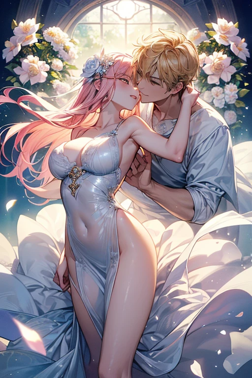 kiss、couple、Lovers、romance、Glittering lake、plump chest、coupleポーズ, attractive pose, passionate pose, 素敵なcouple,(muste piece), (best quality), ((extremely detailed, 1 man, solo, perfect face, pretty face, very detailedな顔，yellow short hair, yellow eyebrows、Handsome man with expressive eyes, smiling, yellow eyes、beautiful shape、best style))、((1 female、pink hair,straight long hair、pink eyes、cute big eyes,gentle laughter、flowers in hair、petite、best style、perfect style、big breasts))、transparent dress, transparent body, beautiful sexy woman, sexy style, Lovely lady, Transparent Dress, young graceful、squirt、splash water、Izumi, bright sunny day、blue sky、shine、shine湖、clear water、colorful flowers、surrounded by flowers、close contact、gentle eyes、(Paradise in Heaven), (muste piece), (best quality), (cinematic), 8K, (art station),(beautiful delicate face), [lighting], [Ethereal Atmosphere:1.1], [fantasy, short story] ,[soft なlighting] 、(+cinematic shot:1.2)、 [+art station] 、[+luminous white background] 、 [soft glow]、(Creative and dynamic angles:1.3),muste piece, very detailed, Super detailed, coupleで、dreamy and detailed, Gorgeous setting, mysterious atmosphere、muste piece, The most beautiful scenes, majestic、(((full of white flowers)))、Many white roses are planted,(water flowing,waterfall,water bloom),The decoration is also carefully done.,dream（very detailedです，creative design，crisp and precise lines，K HD，best quality，master piece，超High resolution，In 4K）、Diverse poses、((beautiful white flower hair ornament))、beautiful hairstyle、(best quality, In 4K, 8K, High resolution, muste piece:1.2), Super detailed, detailed expression, graceful posture, expressive brush strokes, mysterious atmosphere, artistic interpretation,Delicate floral jewelry， (((Detailed design、美しく薄い生地のTransparent Dress、Sheer mini dress that shows off your skin)))、(SFW:1.5), (oversized breasts, best body proportions, proportions of large breasts,:1.5)
