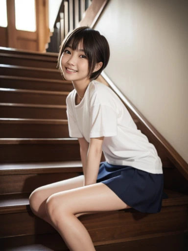 muste piece, Top quality, 8K, 15 years old, japanese girl, slender, Raw photo, absurd, award-winning portraits, (detailed face, shy smile), solo, Transparent white T-shirt made of very thin material、 sailor uniform, short sleeve, idol face, super mini skirt, short socks, slim legs, black pantyhose、shoes,  whole body shot from the bottom of the stairs, whole body shot from a Low - Angle, detailed face), refreshing shy smile, slender girl, Golden short-cut hair, dark eyes, whole body, digital single lens reflex, look at the viewer, Frank, sophisticated, like々New, perfect whole body balance, (Low - Angle), professional lighting, (Eye and face details: 1.0), (It&#39;s blurry: 1.1)