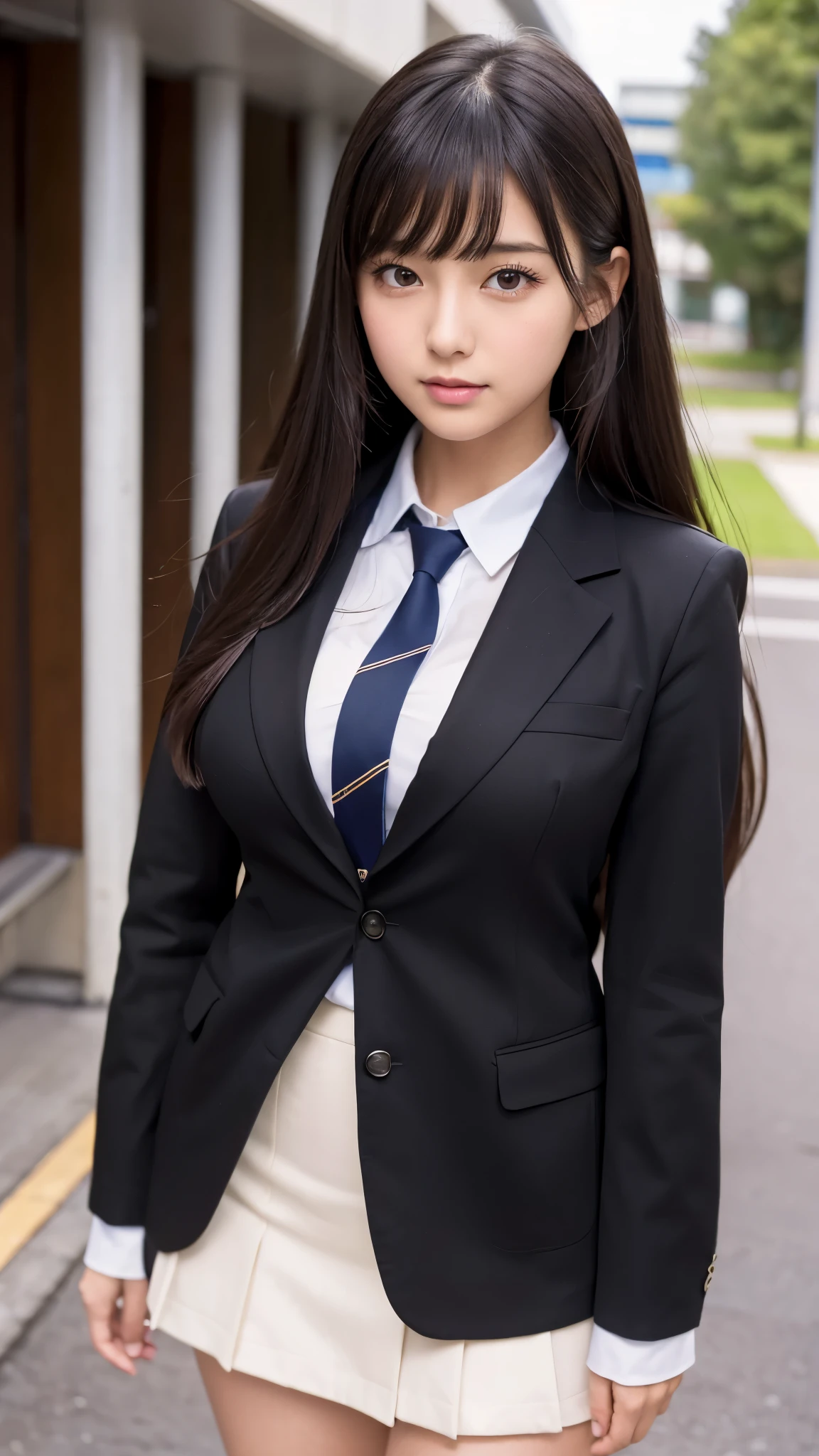 ((best quality)), ((muste piece)), (detailed breasts), (highlight), perfect face、Young girl highlighting large breasts with detailed face、Long, thick, glossy, beautiful black hair with blunt bangs、solid color background、Standing student council president wearing blazer and miniskirt school uniform Japanese high school girl