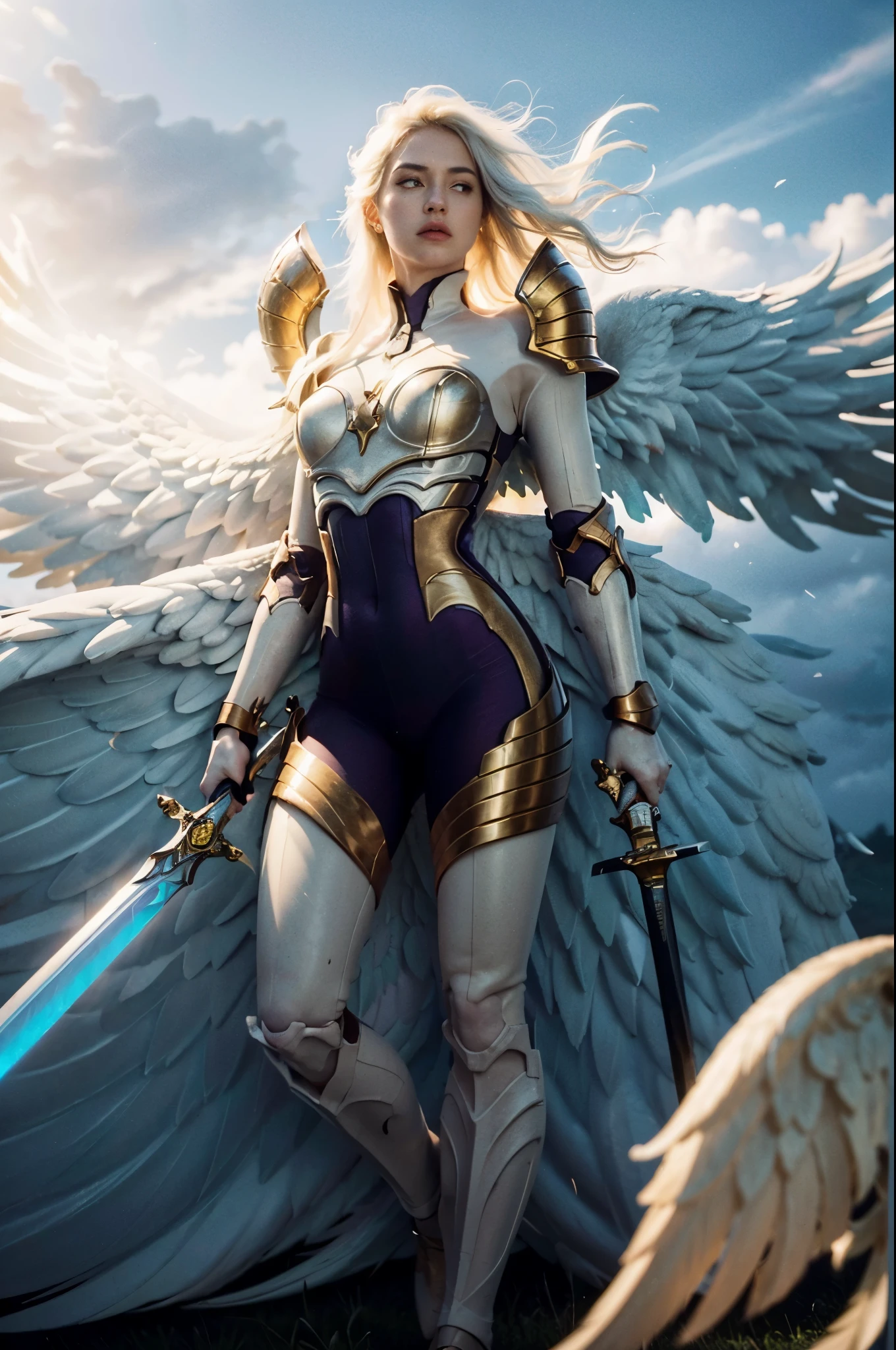 (1girl), (solo), kayle \(league of legends\), The highest image quality, ((extremely detailed), (8k, RAW Photo, Best Quality, Masterpiece: 1.2), (Realistic, Photo Realistic: 1.4), , Ultra Realism, High-Resolution, Full Body Image, (Angel, big white angel wings), perfect long legs, ((Sword of Fire)), White and Gold Celestial Armor, Blonde hair flying in the wind, She's flying in the clouds
