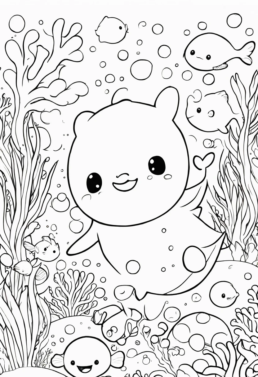 Squishmallow coloring pages portraying a delightful underwater world, squishmallows transformed into colorful sea creatures, surrounded by coral reefs and bubbles, evoking a sense of playful exploration, Illustration, watercolor and ink on textured paper, --ar 16:9 --v 5