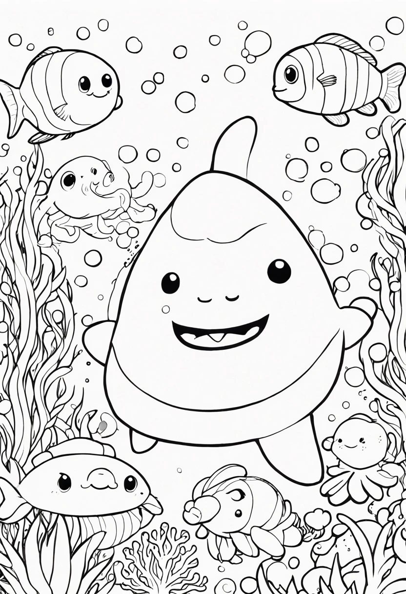 Squishmallow coloring pages portraying a delightful underwater world, squishmallows transformed into colorful sea creatures, surrounded by coral reefs and bubbles, evoking a sense of playful exploration, Illustration, watercolor and ink on textured paper, --ar 16:9 --v 5
