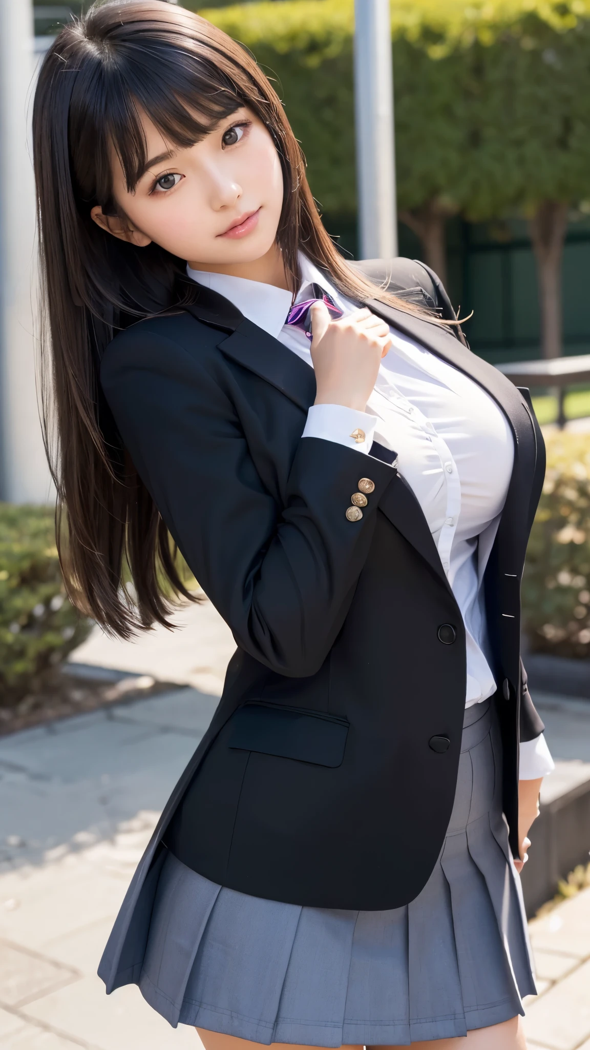 ((best quality)), ((muste piece)), (detailed breasts), (highlight), perfect face、Young girl highlighting large breasts with detailed face、Long, thick, glossy, beautiful black hair with blunt bangs、solid color background、Standing student council president wearing blazer and miniskirt school uniform Japanese high school girl