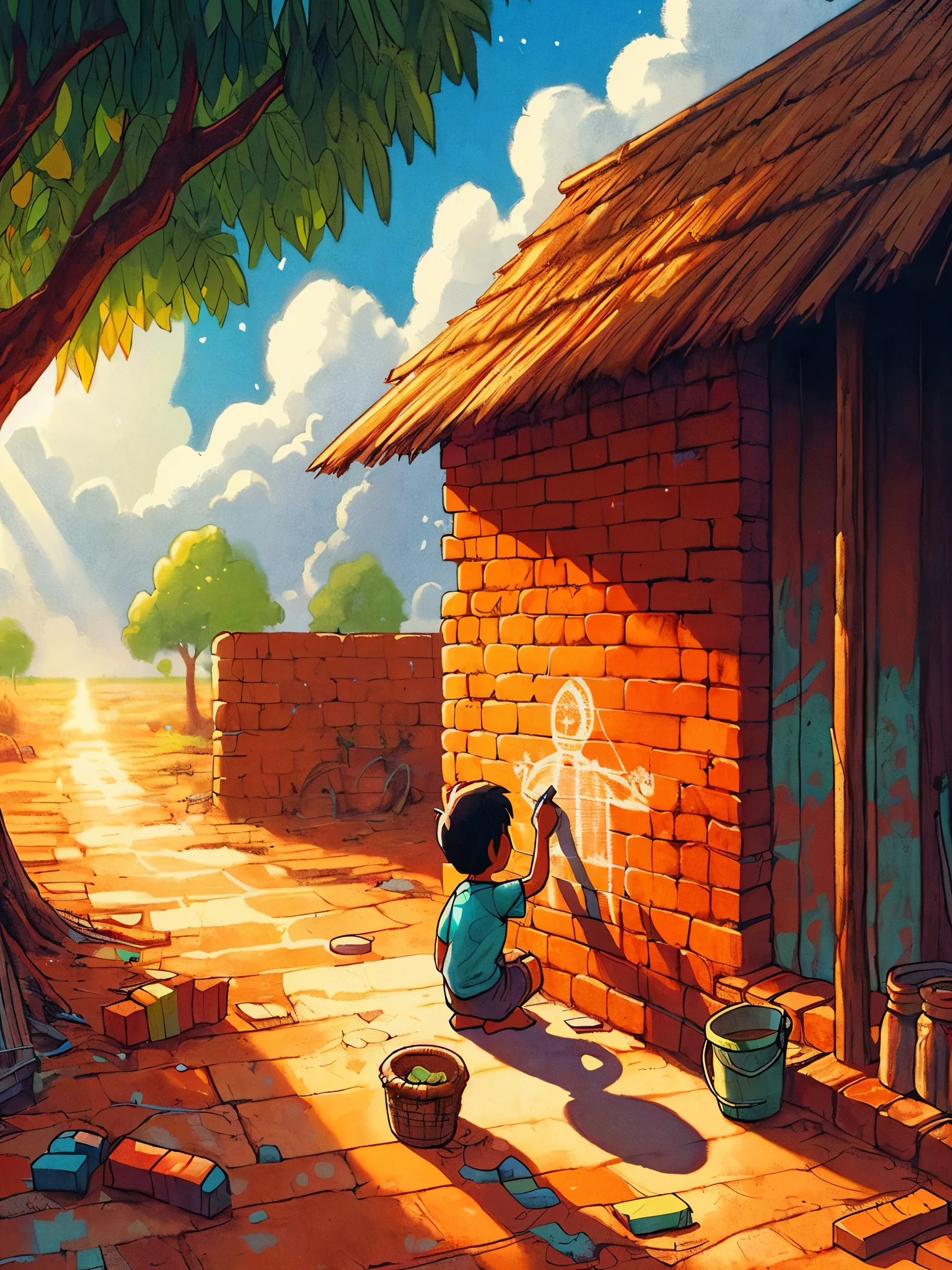 Draw an anime simple aerial art scene 4 year old indian boy writing with chalk on bricked wall of old hut in indian village, mango tree, shade, clouds, vibrant sky, beautiful color palette, vibrant saturated colors, no human