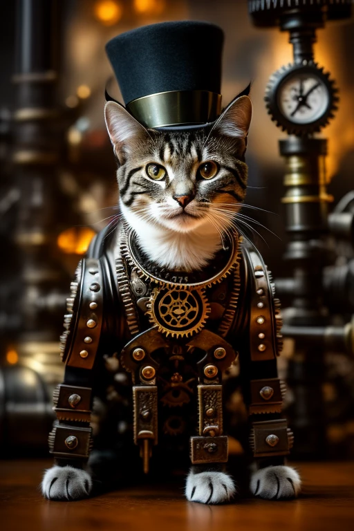 A feline friend donning a quirky top-hat in a steampunk setting, (cyborg: 1.1), (detailed gears: 1.3), intricately designed, hdr, intricate details, hyperdetailed: 1.2, cinematic shot, vignette, centered around a brass pipe, steampunk cat, mechanical whiskers, gears as ears, clockwork tail, Victorian era charm, bold and intriguing,Steampunk marvel.