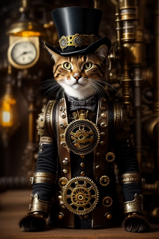 A feline friend donning a quirky top-hat in a steampunk setting, (cyborg: 1.1), (detailed gears: 1.3), intricately designed, hdr, intricate details, hyperdetailed: 1.2, cinematic shot, vignette, centered around a brass pipe, steampunk cat, mechanical whiskers, gears as ears, clockwork tail, Victorian era charm, bold and intriguing,Steampunk marvel.