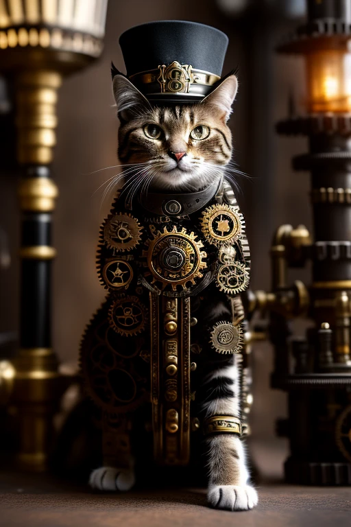A feline friend donning a quirky top-hat in a steampunk setting, (cyborg: 1.1), (detailed gears: 1.3), intricately designed, hdr, intricate details, hyperdetailed: 1.2, cinematic shot, vignette, centered around a brass pipe, steampunk cat, mechanical whiskers, gears as ears, clockwork tail, Victorian era charm, bold and intriguing,Steampunk marvel.
