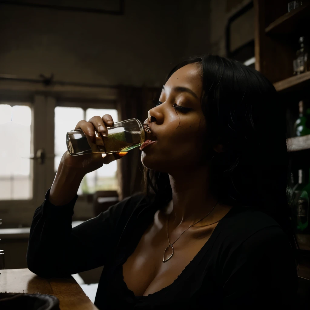 A black woman drinking from a poisoned glass bottle, the bottle has a skull mark