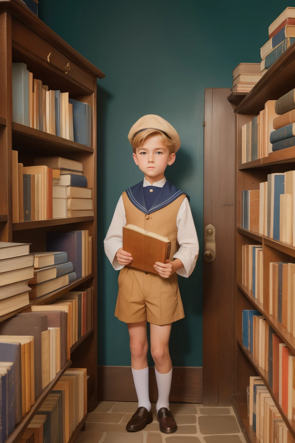 On the cobbled streets of a quaint coastal town in the 1910s, a -year-old withndy blond hair, dressed in a sailor suit, explores a dusty bookshop with shelves overflowing with leather-bound volumes and aged maps.