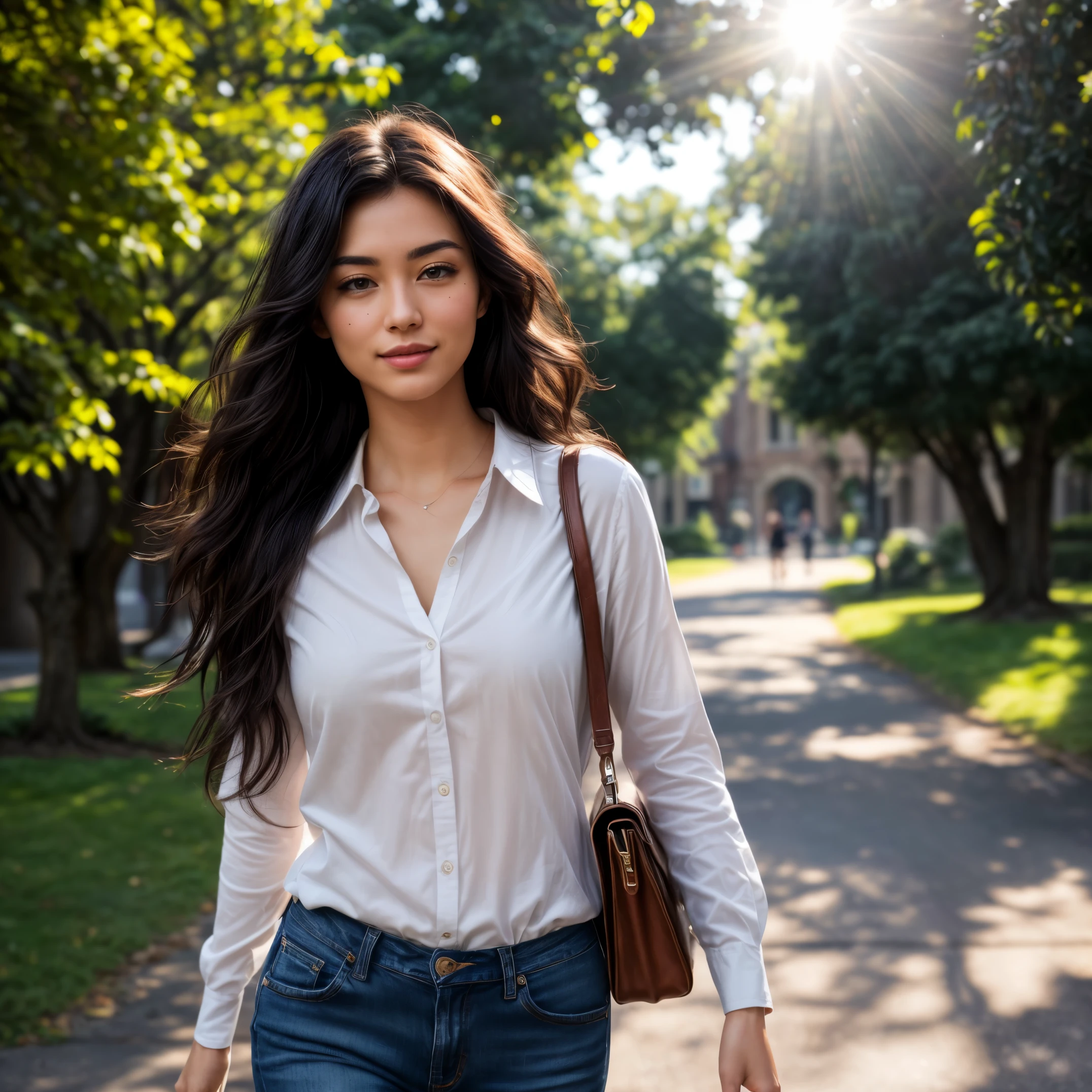 best quality, masterpiece, official art, professional, Astonishing, Very detailed, Very detailed, fine details, Super detailed, 8k wallpaper, high resolution, (actual, photo-actual:1.4), original photo, whole body, Beautiful campus goddess, pure, confident, friendly, long black hair. Wearing a white shirt and dark jeans. She walked gracefully on the campus path, confidently greeting the people around her. sunlight streaming through the leaves onto her, Create a warm and romantic atmosphere with soft lighting
