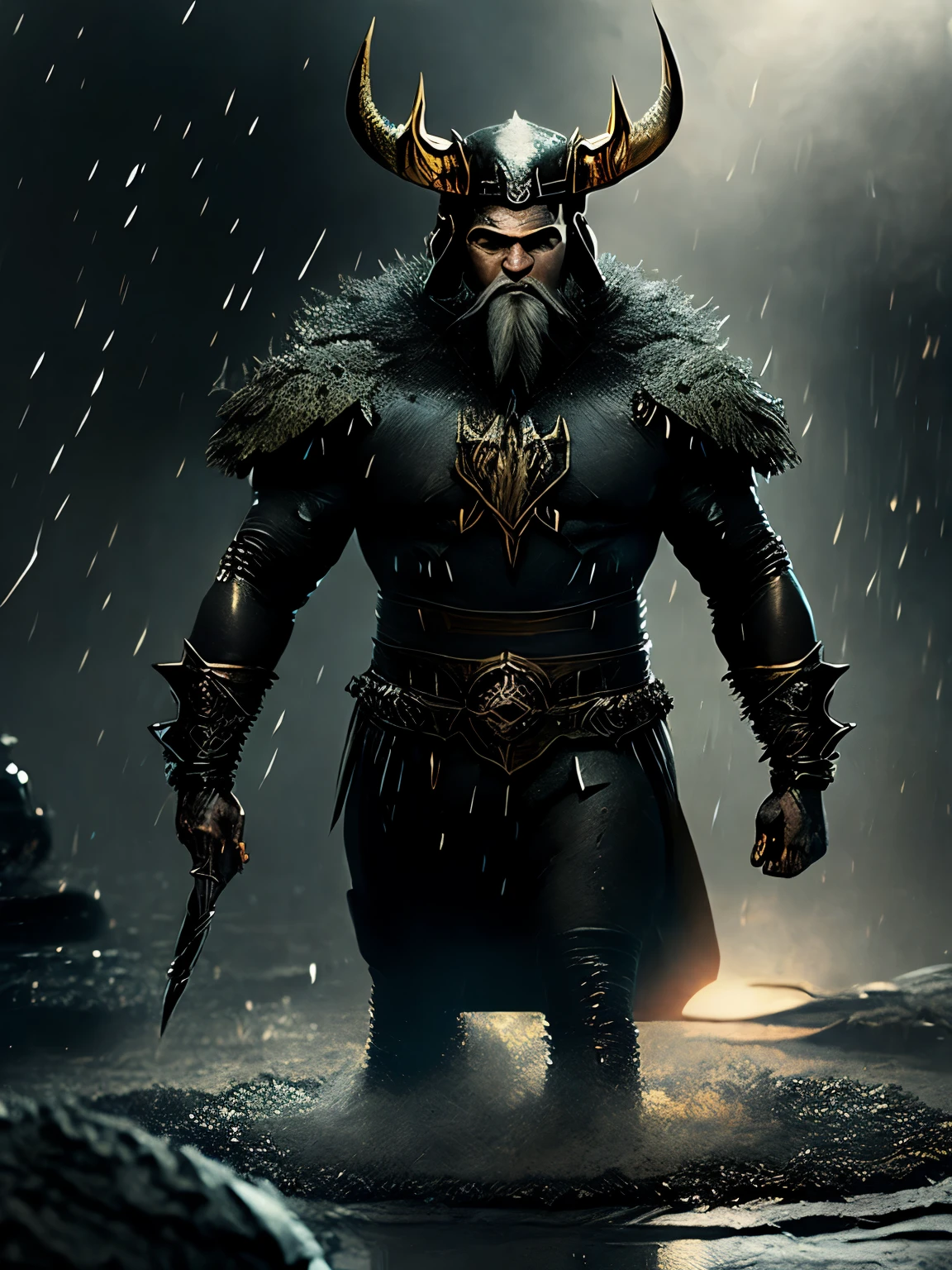 fechar-se (Divino Homem-Aranha no estilo Viking: 1.3) emerging from wet black mud, extremamente detalhado, smoke, sparks, aparas de metal, detritos voadores, volumetric light, capa, ombreiras, armaduras, busto