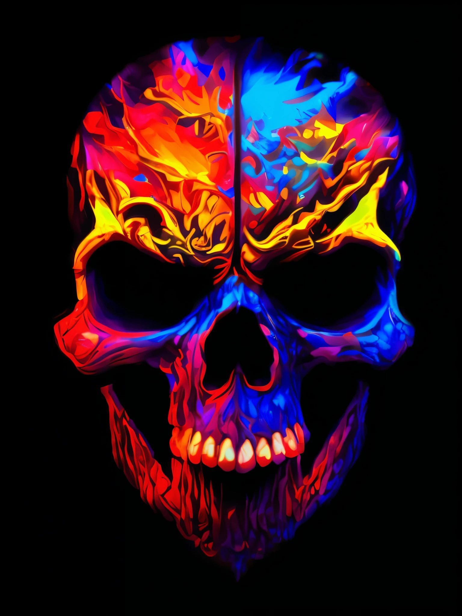 a close up of a skull with a colorful face on a black background, fiery skull contemplating life, flaming skull, fantasy skull, scary color art in 4 k, skull paint, skull liminal void background, dark vibrant colors, glowing red skull, hd phone wallpaper, xray melting colors, colorful and dark, phone wallpaper hd, 4k detailed digital art