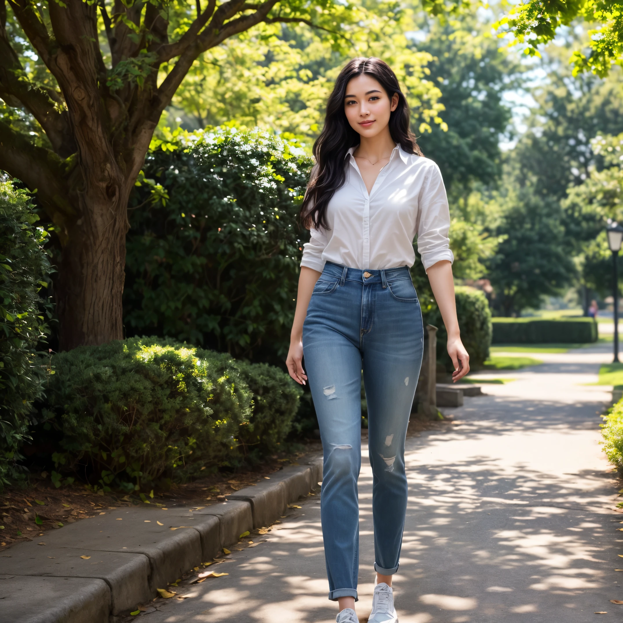 best quality, masterpiece, official art, professional, Astonishing, Very detailed, Very detailed, fine details, Super detailed, 8k wallpaper, high resolution, (actual, photo-actual:1.4), original photo, whole body, Beautiful campus goddess, pure, confident, friendly, long black hair. Wearing a white shirt and dark jeans. She walked gracefully on the campus path, confidently greeting the people around her. sunlight streaming through the leaves onto her, Create a warm and romantic atmosphere with soft lighting
