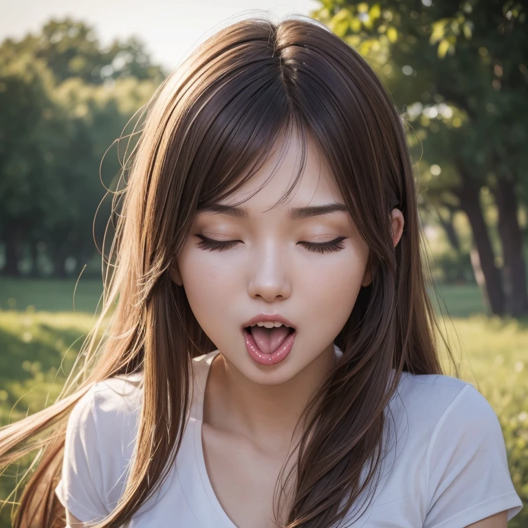 (masterpiece), (highest quality, High resolution, very detailed), 24-years-old,real women,alone,random hair color,random hairstyle,8K, ultra-detailed,best quality,front view,long tongue,stick tongue out,open mouth,closed eyes,portrait,soro girl,saliva trail,