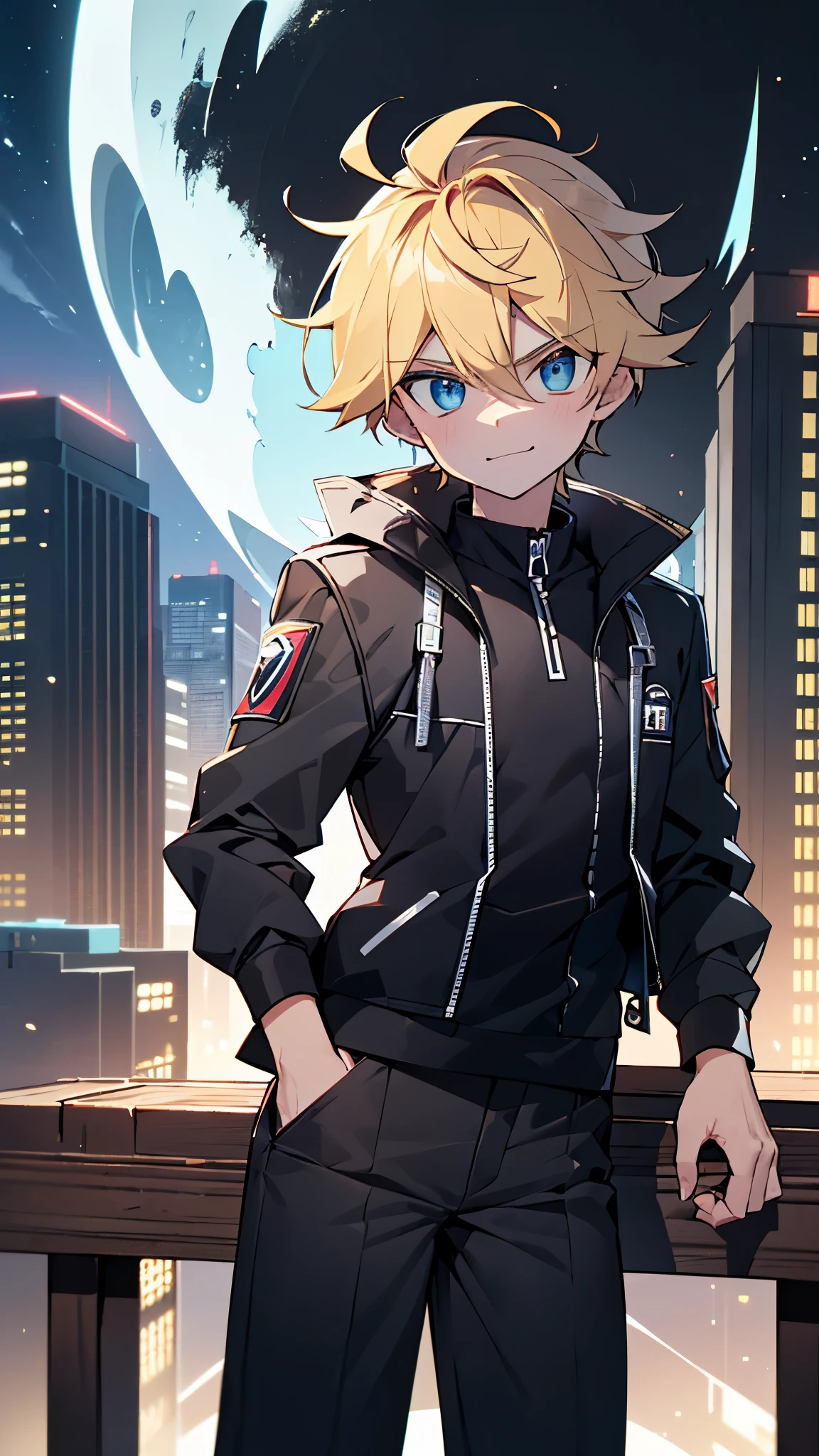 highres,wallpaper,solo,little boy,1 boy,original,illustration,blue eyes,yellow hair,masterpiece,male,male focus,boy, ((masterpiece)),(((best quality))), (high-quality, breathtaking), (expressive eyes, perfect face), 1boy, solo, male, short,, on top of building, night sky, dark, buildings, wear short shorts, smirk,shorts:1.3,(black rubber combatant uniform:1.1,bulge:1.4,dark power:1.3,sentai,black:1.3, all black outfits:1.1,erect under pants),silky:1.1,rubber uniform 