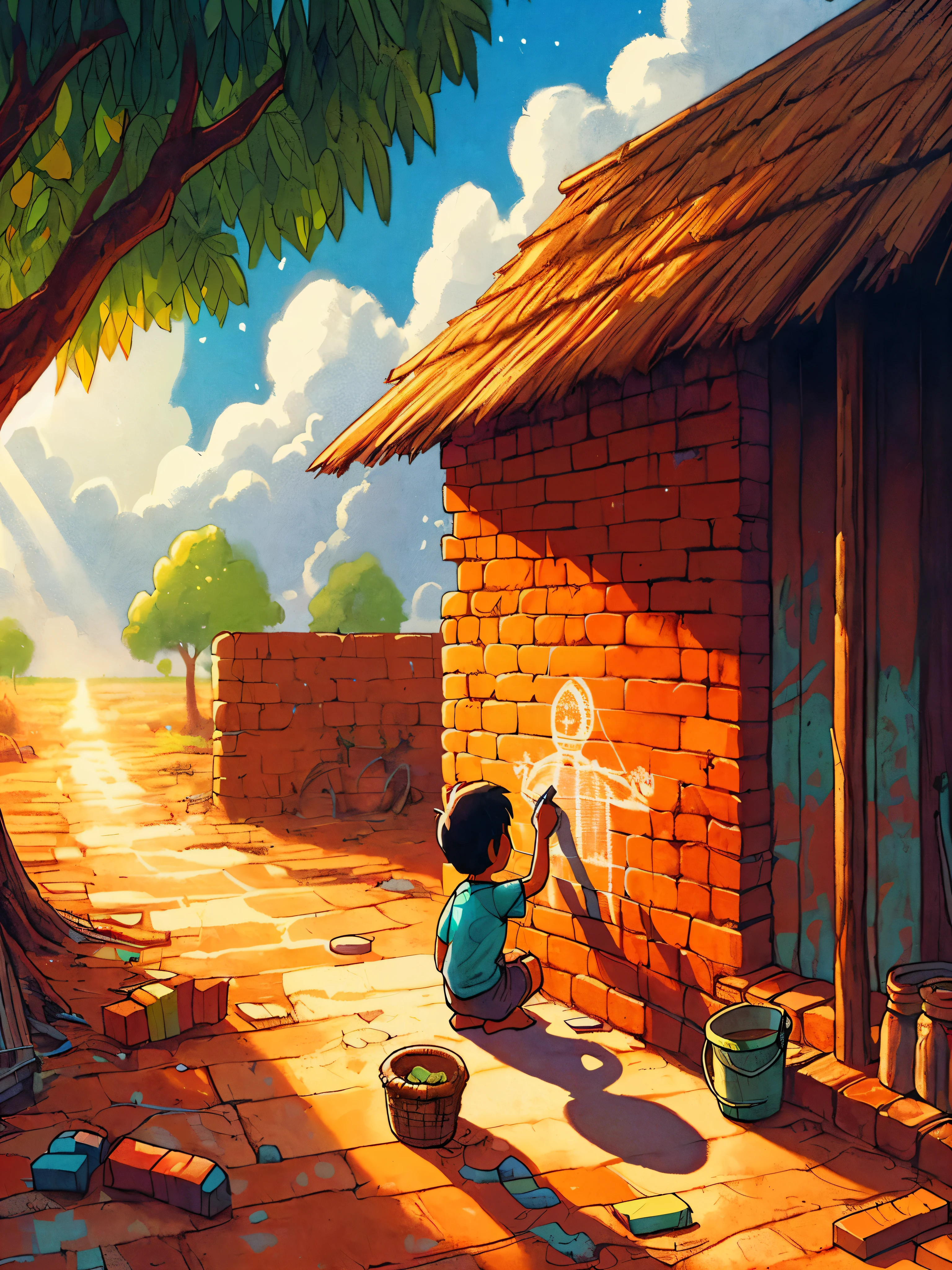 Draw an anime simple aerial art scene 4 year old indian boy writing with chalk on bricked wall of old hut in indian village, mango tree, shade, clouds, vibrant sky, beautiful color palette, vibrant saturated colors, no human