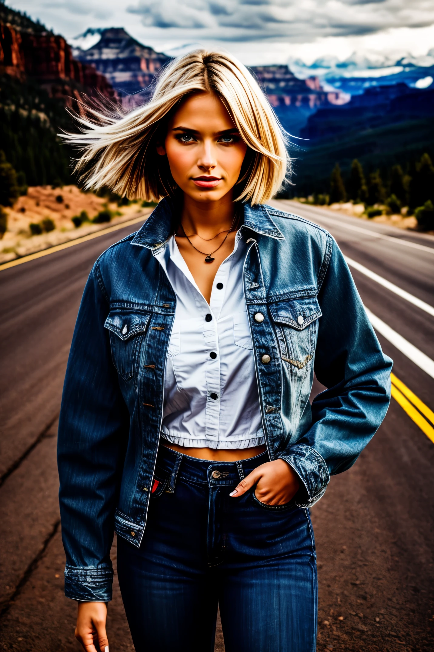 1 girl, Lovely, denim jacket, white top, jeans, Gloves, blond, short hair, bob hair, hair side parting, blue eyes, dynamic poses, Portray a group of characters in various action scenes, From intense battles to relaxing moments, With dramatic speed lines and bold sound effects, Capture the excitement and energy of the story, Yellowstone, Grand canyon