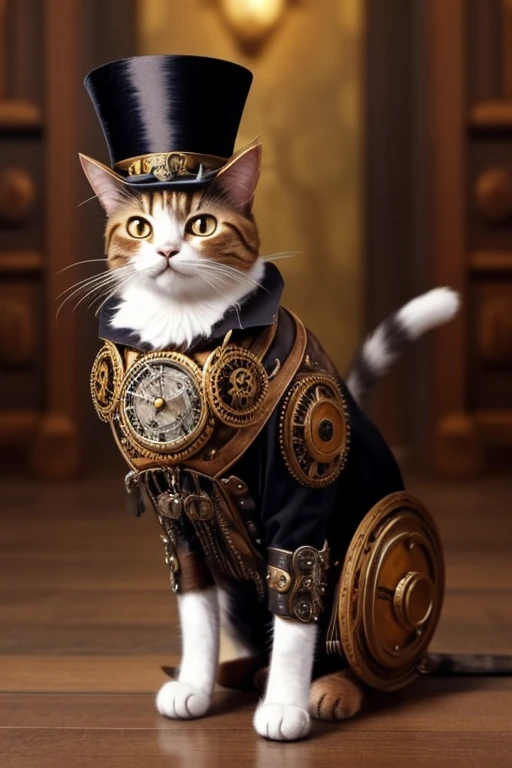 Cat with a top-hat, Victorian era charm, steampunk style clothing, name is Sir Meowsalot