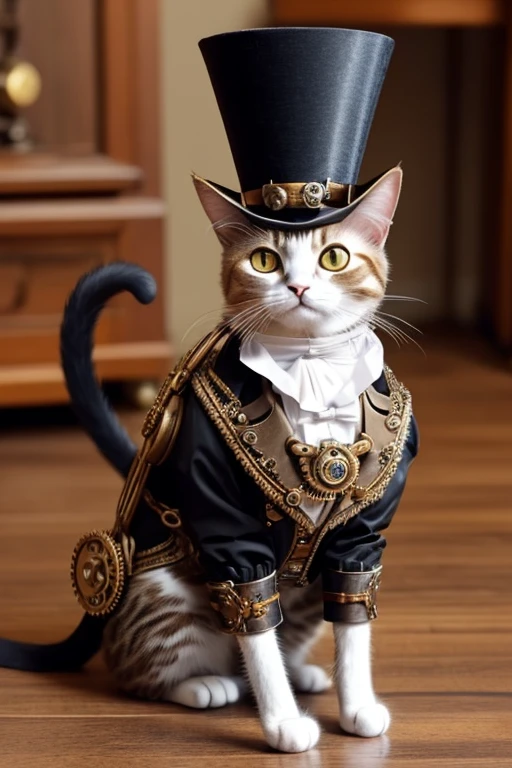 Cat with a top-hat, Victorian era charm, steampunk style clothing, name is Sir Meowsalot