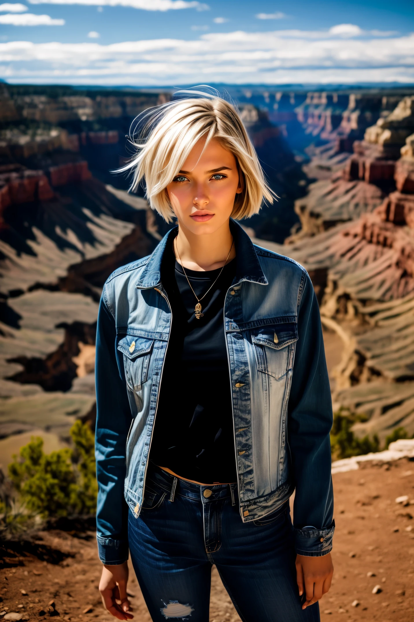 1 girl, Lovely, denim jacket, white top, jeans, Gloves, blond, short hair, bob hair, hair side parting, blue eyes, dynamic poses, Portray a group of characters in various action scenes, From intense battles to relaxing moments, With dramatic speed lines and bold sound effects, Capture the excitement and energy of the story, Yellowstone, Grand canyon