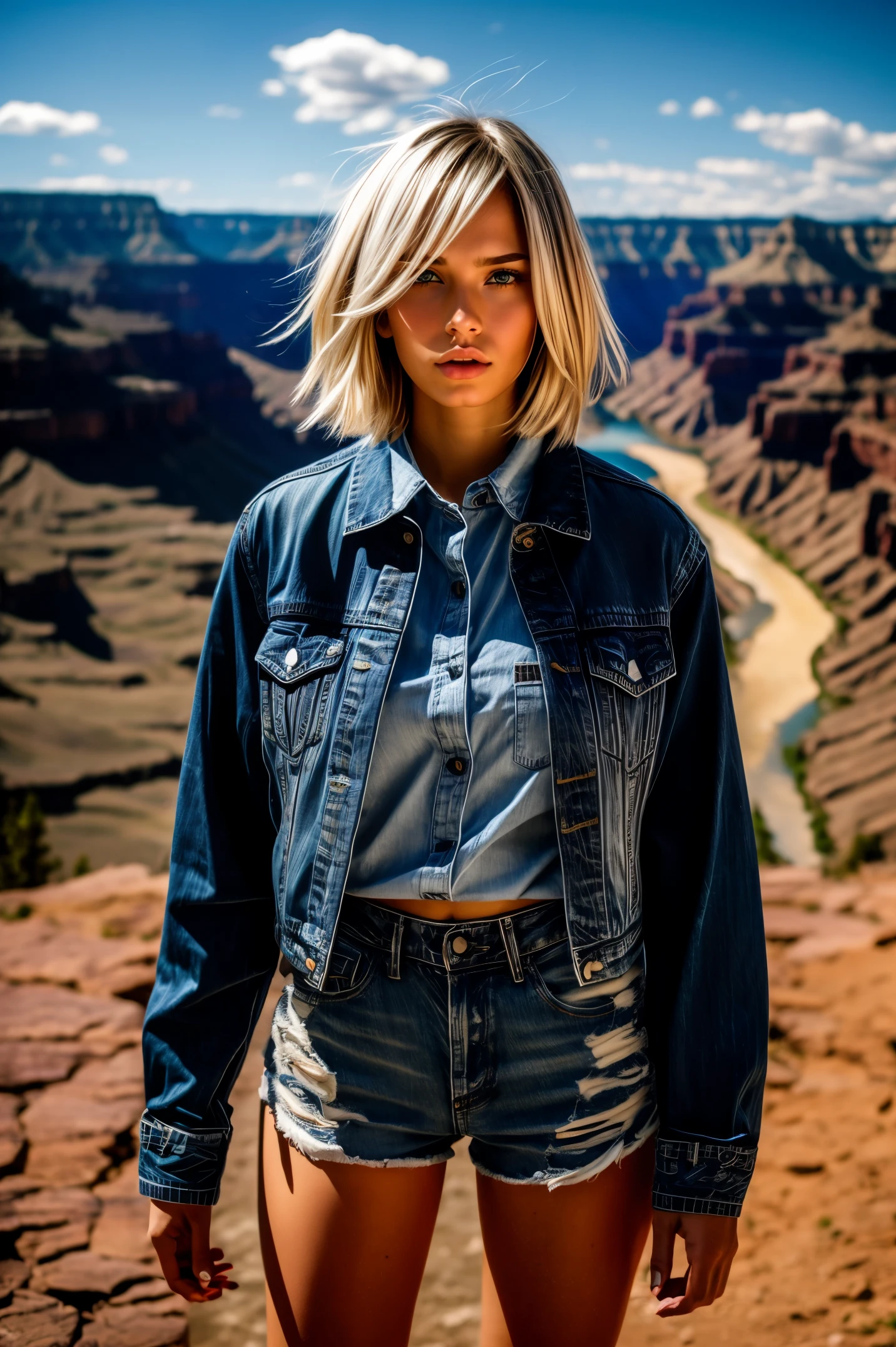 1 girl, Lovely, denim jacket, white top, jeans, Gloves, blond, short hair, bob hair, hair side parting, blue eyes, dynamic poses, Portray a group of characters in various action scenes, From intense battles to relaxing moments, With dramatic speed lines and bold sound effects, Capture the excitement and energy of the story, Yellowstone, Grand canyon