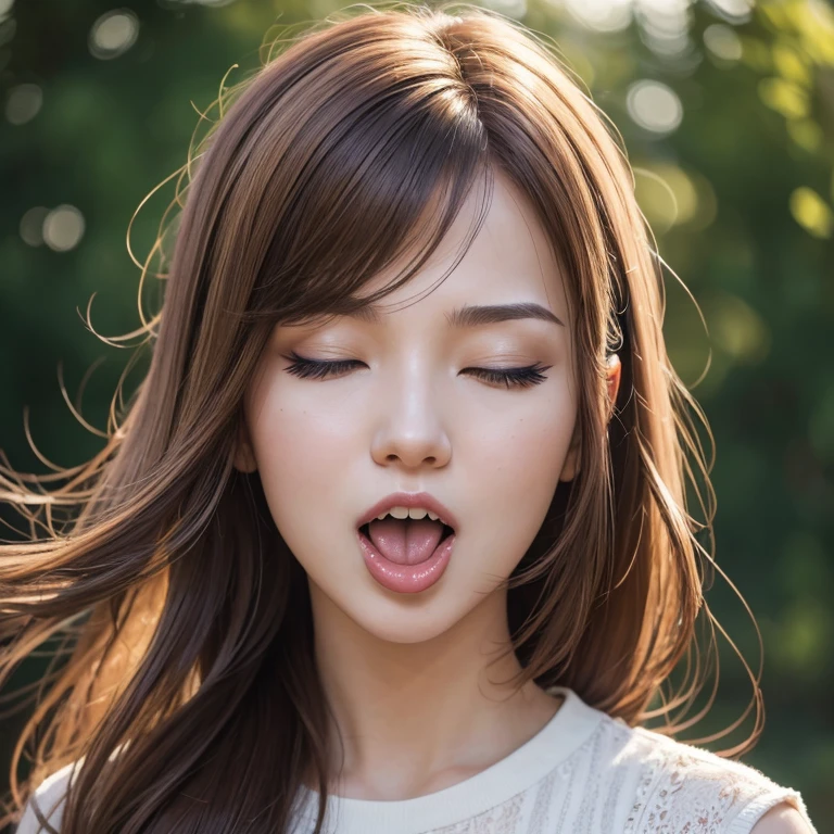 (masterpiece), (highest quality, High resolution, very detailed), 24-years-old,real women,alone,random hair color,random hairstyle,8K, ultra-detailed,best quality,front view,long tongue,stick tongue out,open mouth,closed eyes,portrait,soro girl,saliva trail,