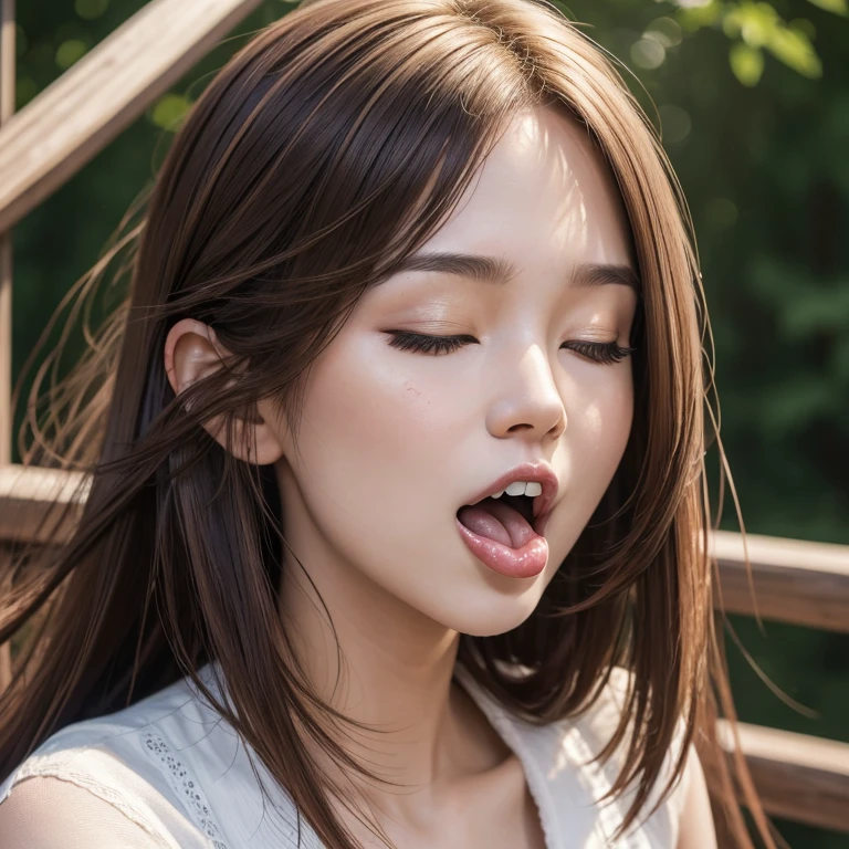 (masterpiece), (highest quality, High resolution, very detailed), 24-years-old,real women,alone,random hair color,random hairstyle,8K, ultra-detailed,best quality,front view,long tongue,stick tongue out,open mouth,closed eyes,portrait,soro girl,saliva trail,