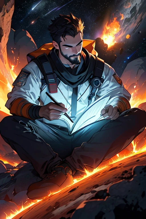 Desenhe um jovem programador, sitting on a research platform floating in the middle of an asteroid belt. He is studying with a notebook, surrounded by several asteroids glowing with auras of fire. Dramatic lighting from distant stars and planets illuminates the scene, casting deep shadows on the costume. O jovem parece confiante e determinado, Looking at the vast and mysterious universe with awe and respect,facial hair, tiro de vaqueiro,