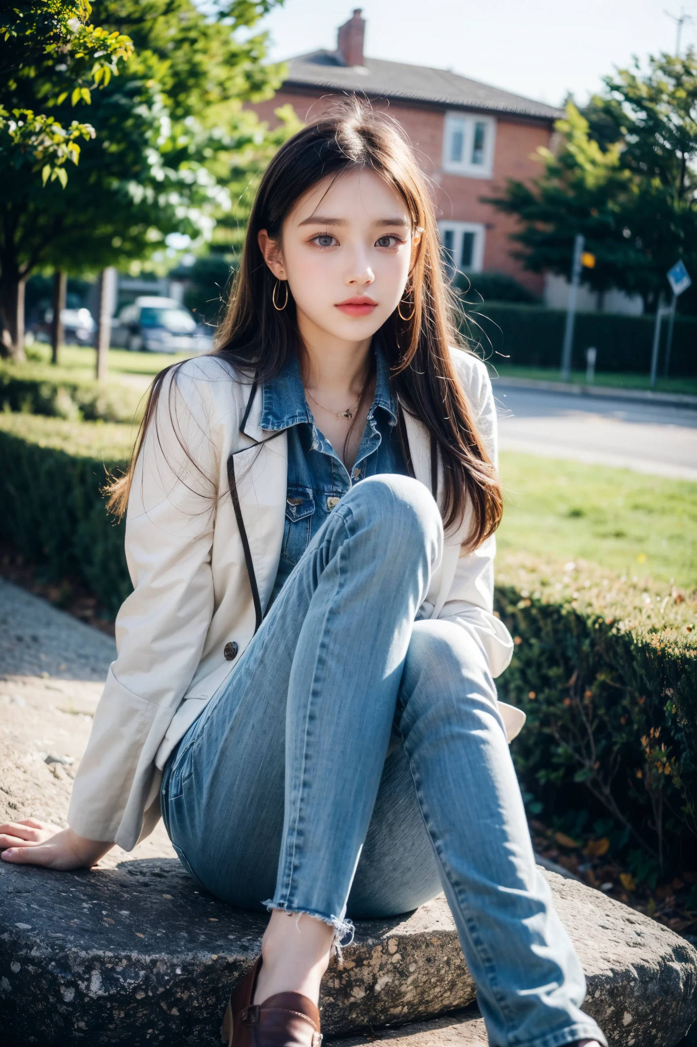 Half-length photo of 18-year-old beauty, extremely detailed eyes, pretty face, Delicate natural skin and pores, sitting cross-legged on a rock, Looks calm., oversized suit jacket, skinny jeans, loafers, shoulder bags, earrings, (commend, Bokeh), By Marta Bevacqua, prime time, Cinema lighting, (Haze filter, film grain:1.2)