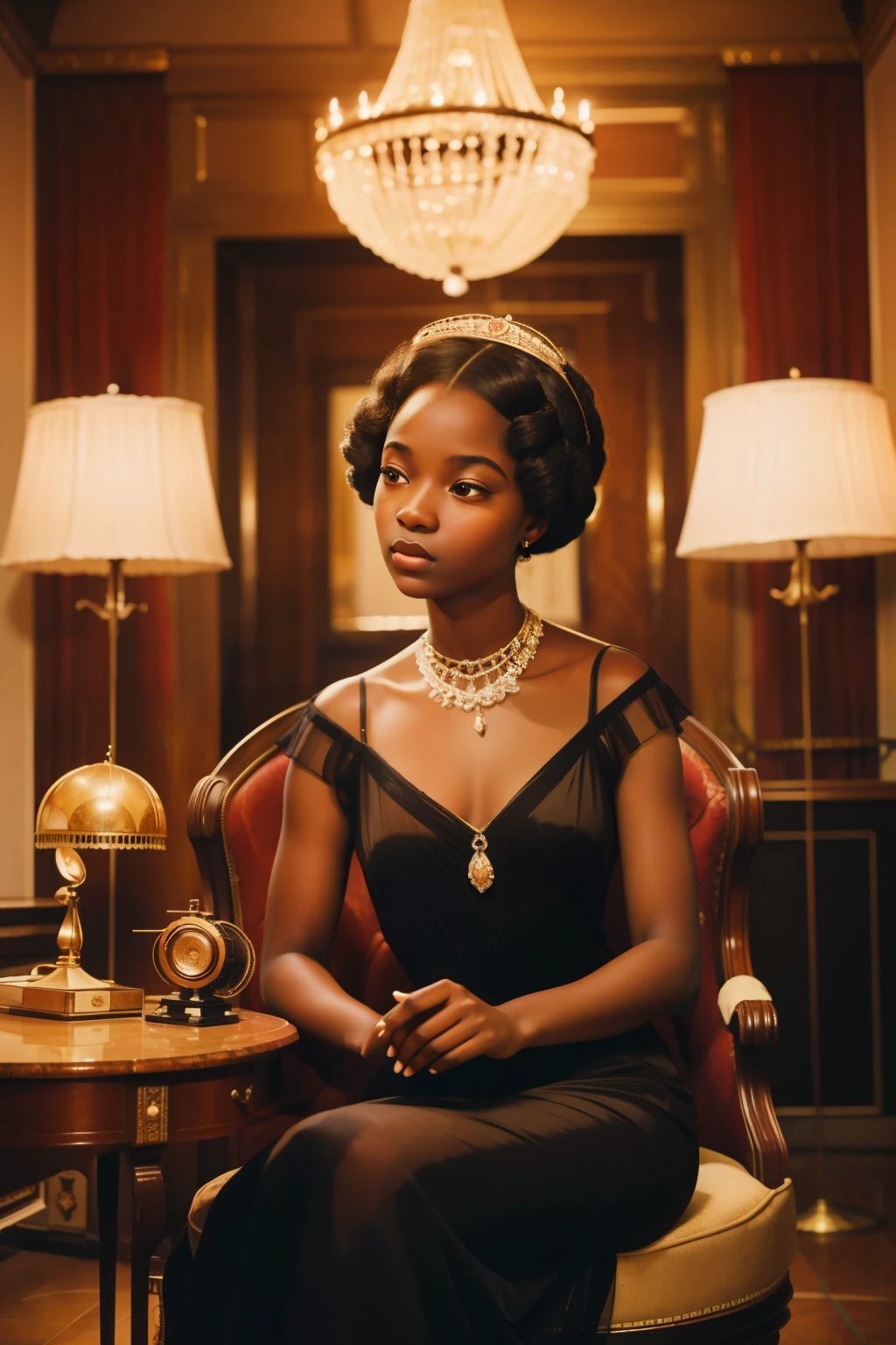 Under the grand chandeliers of a lavish palace in the 1920s, a sixteen-year-old black girl, adorned in an elegant evening gown, contemplates a vintage gramophone amidst a room filled with antique furniture and delicate china.