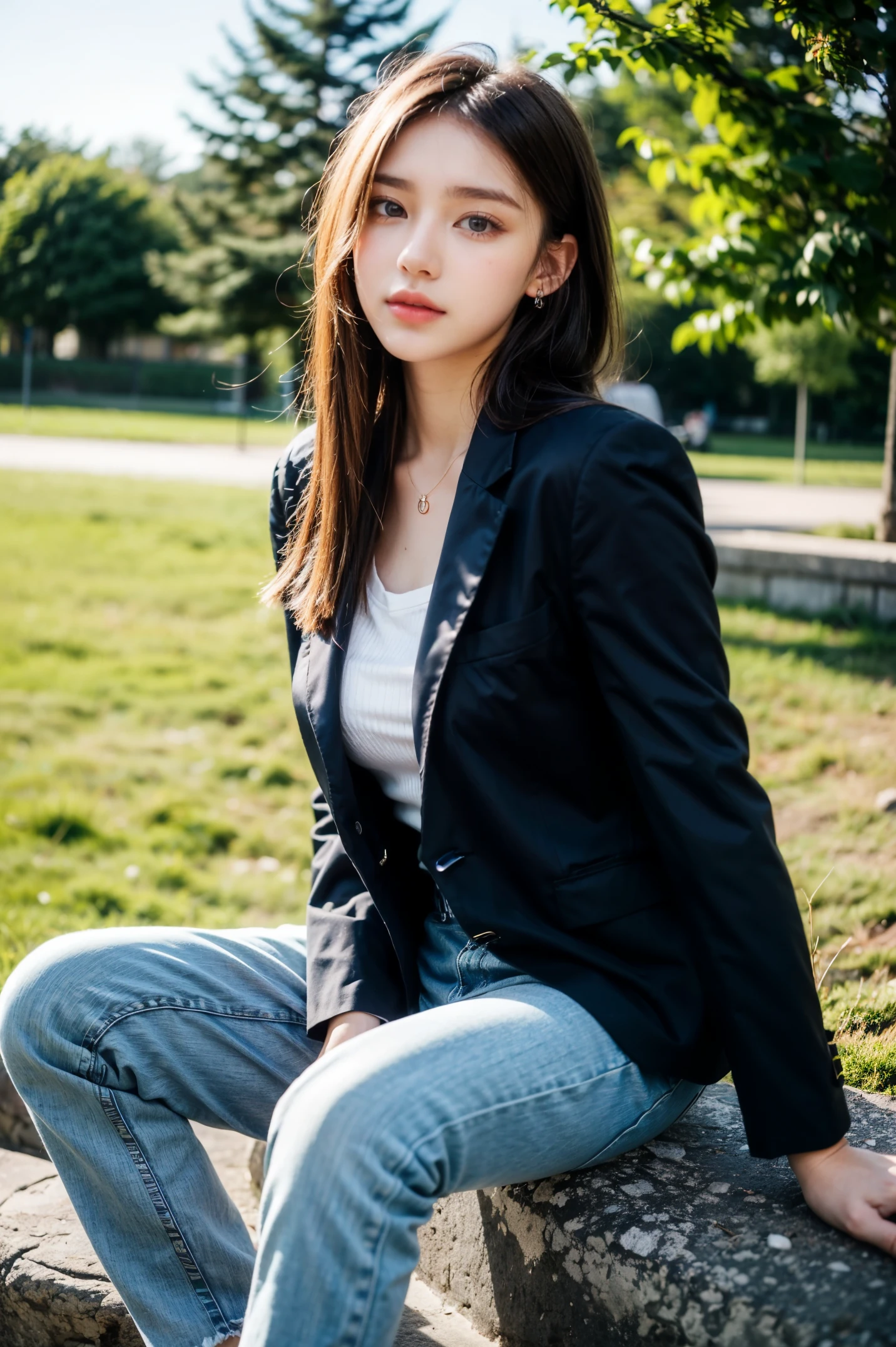 Half-length photo of 18-year-old beauty, extremely detailed eyes, pretty face, Delicate natural skin and pores, sitting cross-legged on a rock, Looks calm., oversized suit jacket, skinny jeans, loafers, shoulder bags, earrings, (commend, Bokeh), By Marta Bevacqua, prime time, Cinema lighting, (Haze filter, film grain:1.2)