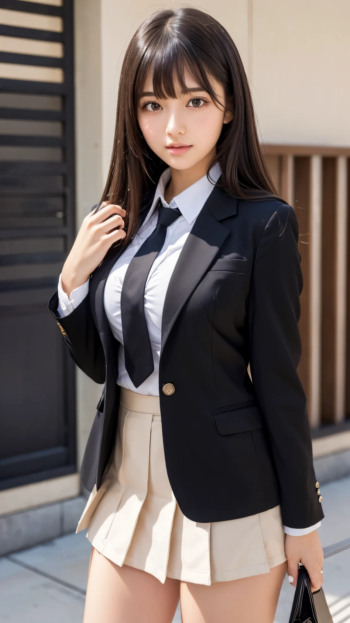 ((best quality)), ((muste piece)), (detailed breasts), (highlight), perfect face、Young girl highlighting large breasts with detailed face、Long, thick, glossy, beautiful black hair with blunt bangs、solid color background、Standing student council president wearing blazer and miniskirt school uniform　Japanese high school girl 