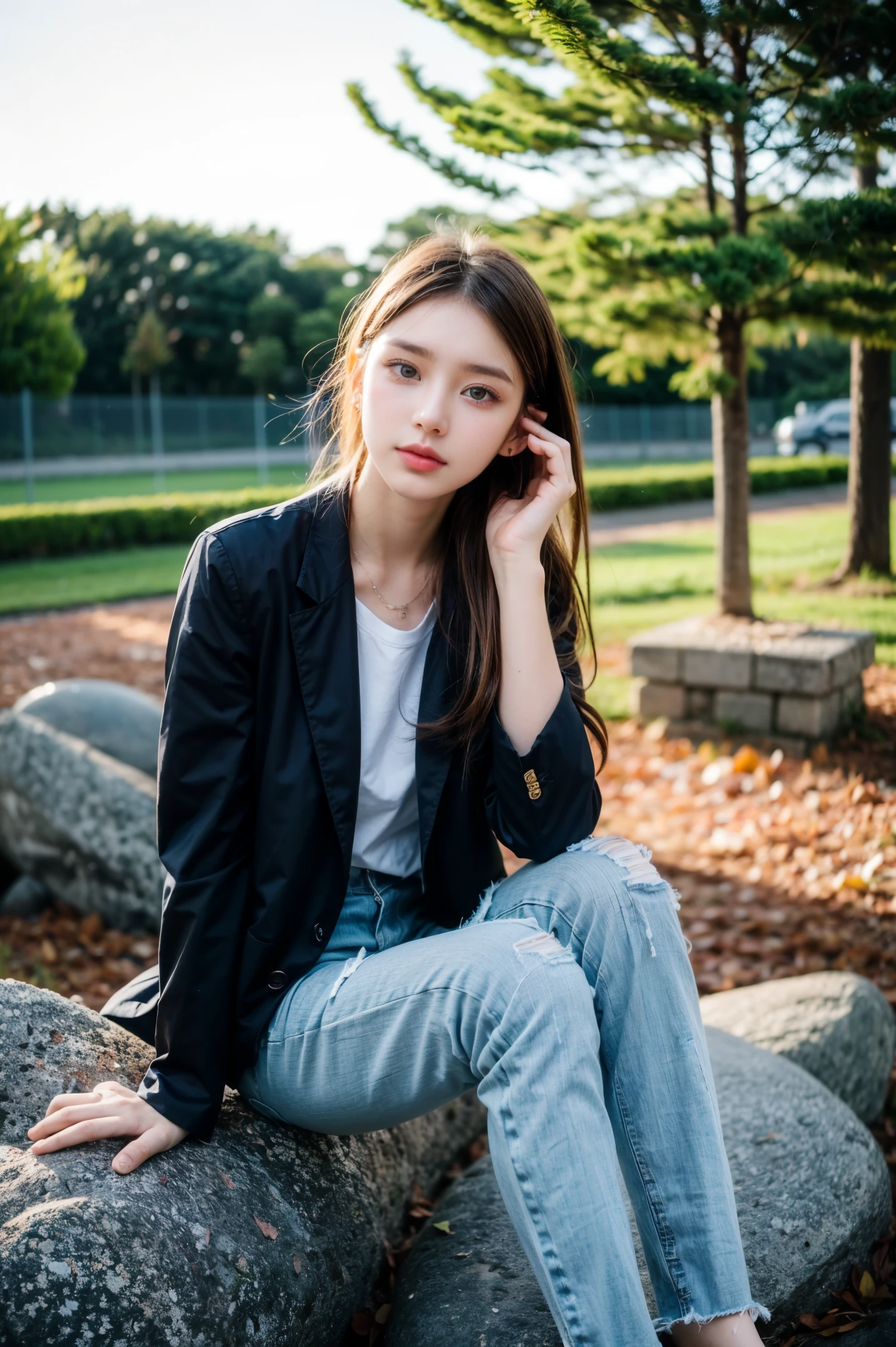 Half-length photo of 18-year-old beauty, extremely detailed eyes, pretty face, Delicate natural skin and pores, sitting cross-legged on a rock, Looks calm., oversized suit jacket, skinny jeans, loafers, shoulder bags, earrings, (commend, Bokeh), By Marta Bevacqua, prime time, Cinema lighting, (Haze filter, film grain:1.2)