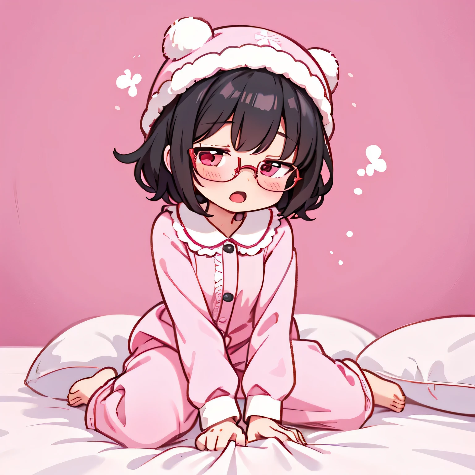 beautiful, illustration, ((best quality)), cute girl, bedroom, pastel color, (pink theme), middle position, high quality, perfect lighting, cute little girl, detailed face, happy smile, laugh, open mouth, heart emoji, open hand, detailed body, full body, black hair, fluffy cut hair, (short) red eyes, beautiful woman, 1 girl, solo, Pajamas , (pink), small breasts, I shaped Balance pose, Round Glasses Black, rin, ((rin))