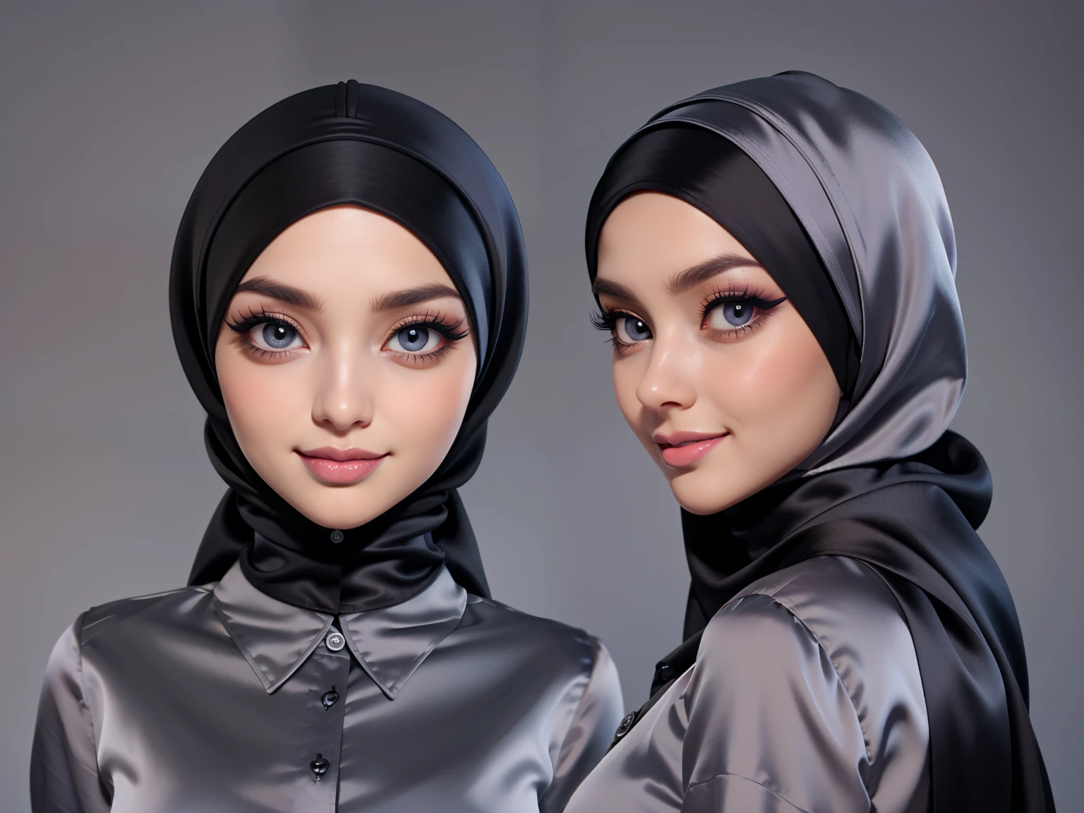 Character Design - a beautiful hijab girl character, beautifully makeup, eyeshadow, Parted Lips, detailed eyes, beautiful big eyes, long eye lashes, smile,. She's dresses (Black satin hijab)), loosely tide hijab style, ((Gray satin shirt)), Black satin long pario. (close up), front views